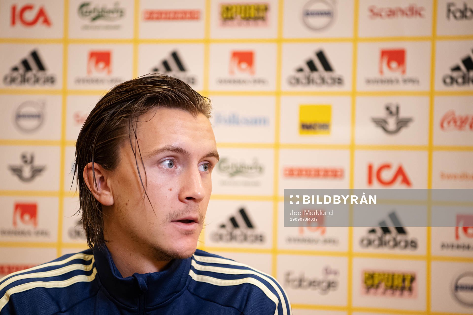Kristoffer Olsson of the Swedish national football team during a mixed zone session on September 7, 2019 in Stockholm.