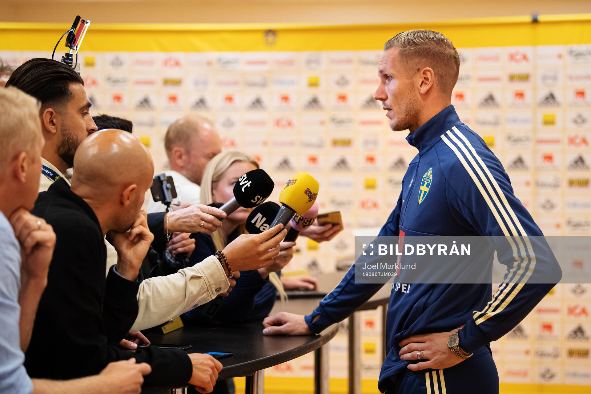 Goalkeeper Robin Olsen of the Swedish national football team during a mixed zone session on September 7, 2019 in Stockholm.