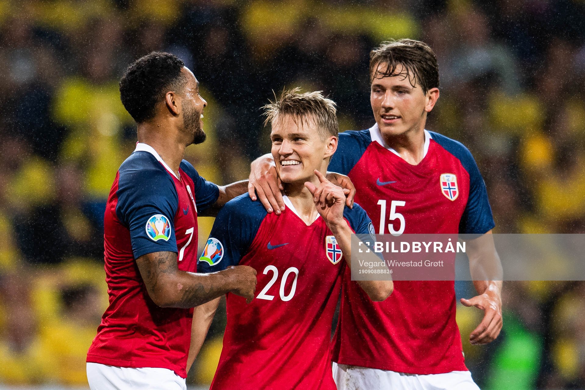 Joshua King, Martin Ødegaard and Sander Berge of Norway