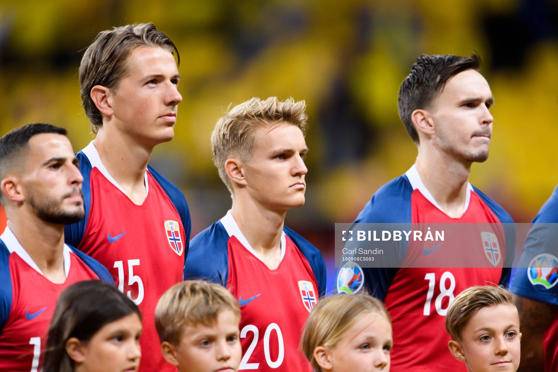 Sander Bergen, Martin Ødegaard and Ole Kristian Selnæs of Norway ahead of the UEFA Euro Qualifier football match between Sweden and Norway on September 8, 2019 in Stockholm.