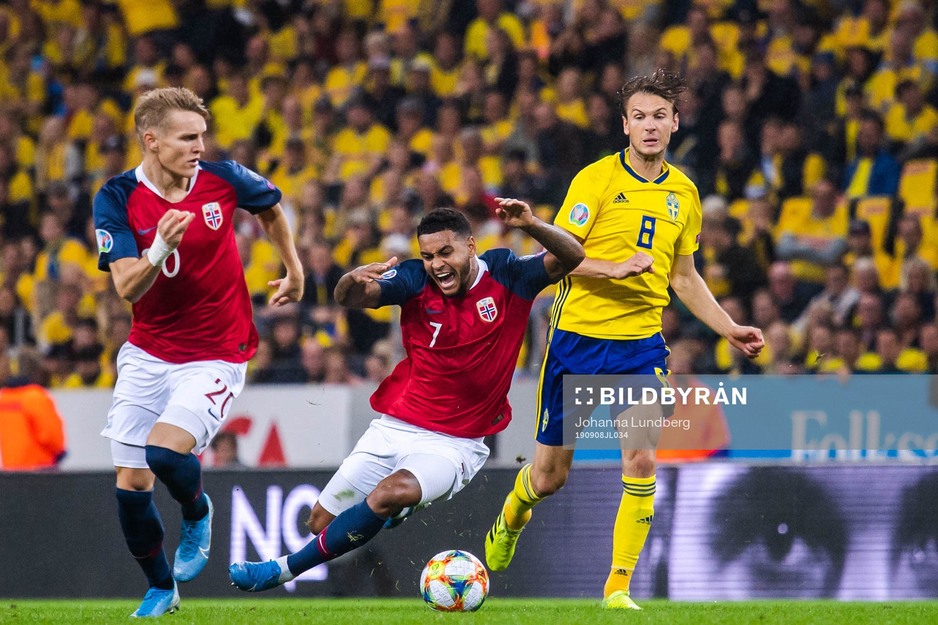 Joshua King and Martin Ødegaard of Norway against Albin