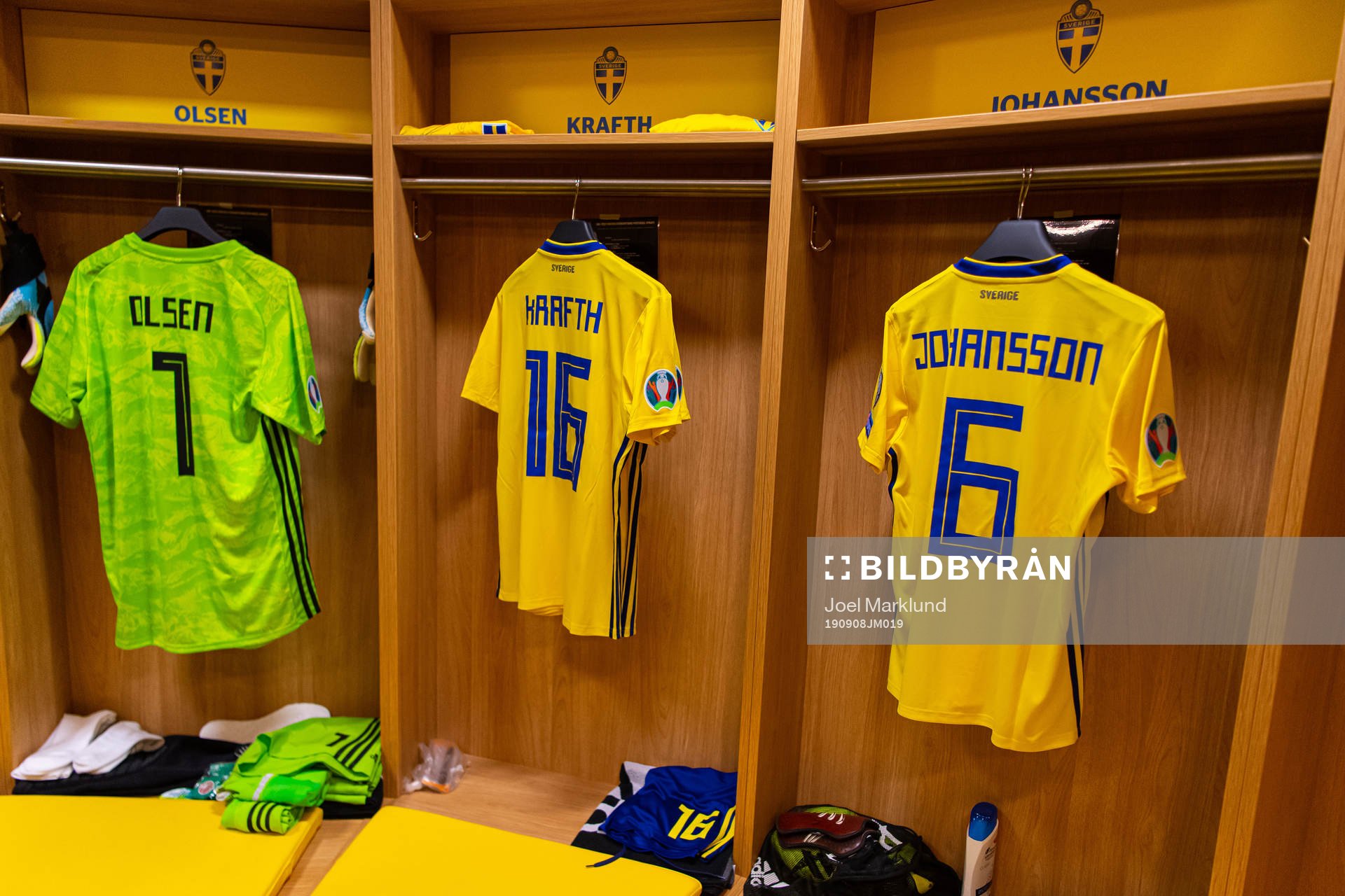 Jerseys of Robin Olsen, Emil Krafth and Jakob Johansson in the Swedish dressing room ahead of the UEFA Euro Qualifier football match between Sweden and Norway on September 8, 2019 in Stockholm.