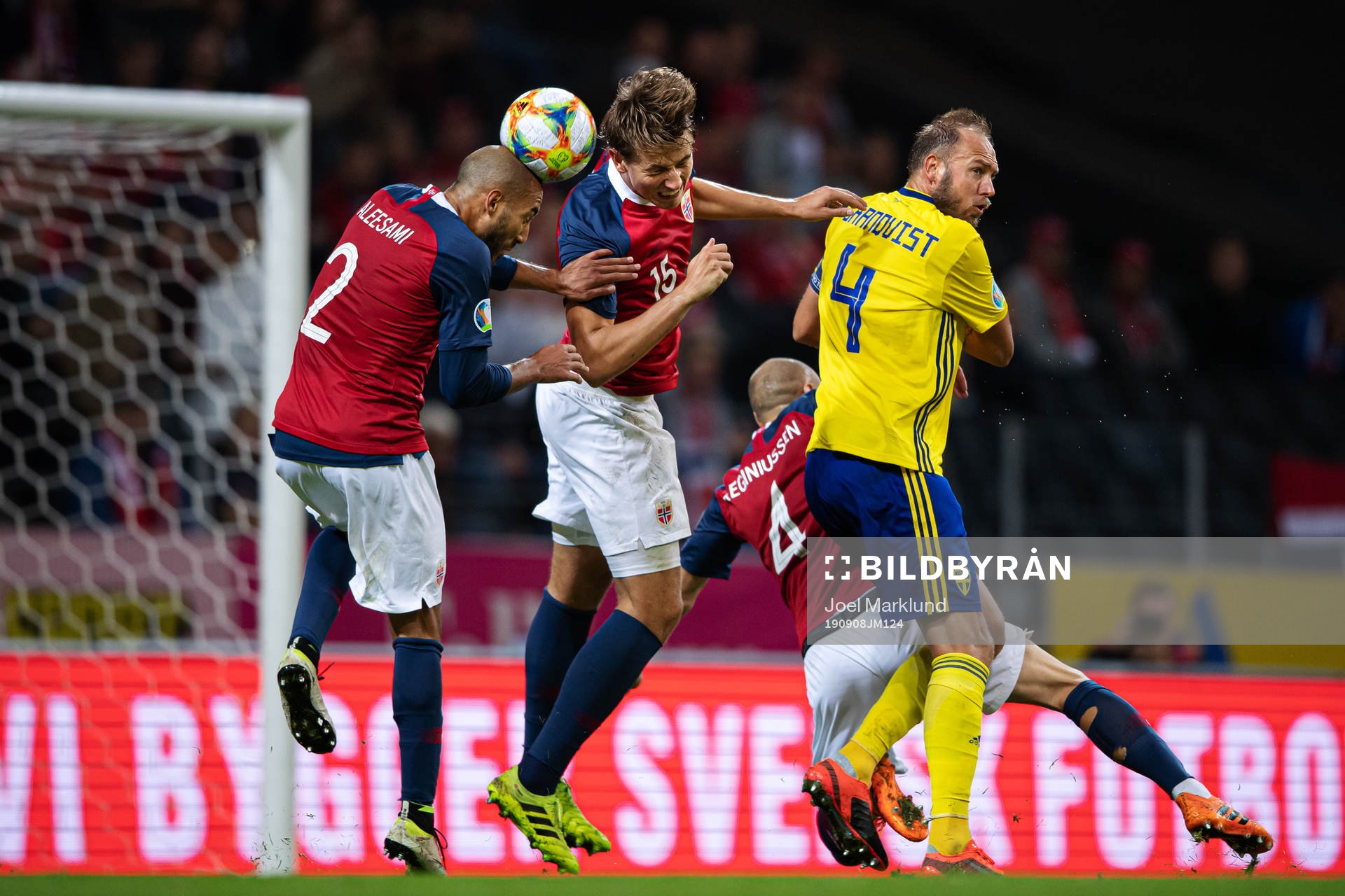 Haitam Aleesami, Sander Bergen and Tore Reginiussen of Norway in action against Andreas Granqvist of Sweden during the UEFA Euro Qualifier football match between Sweden and Norway on September 8, 2019 in Stockholm.