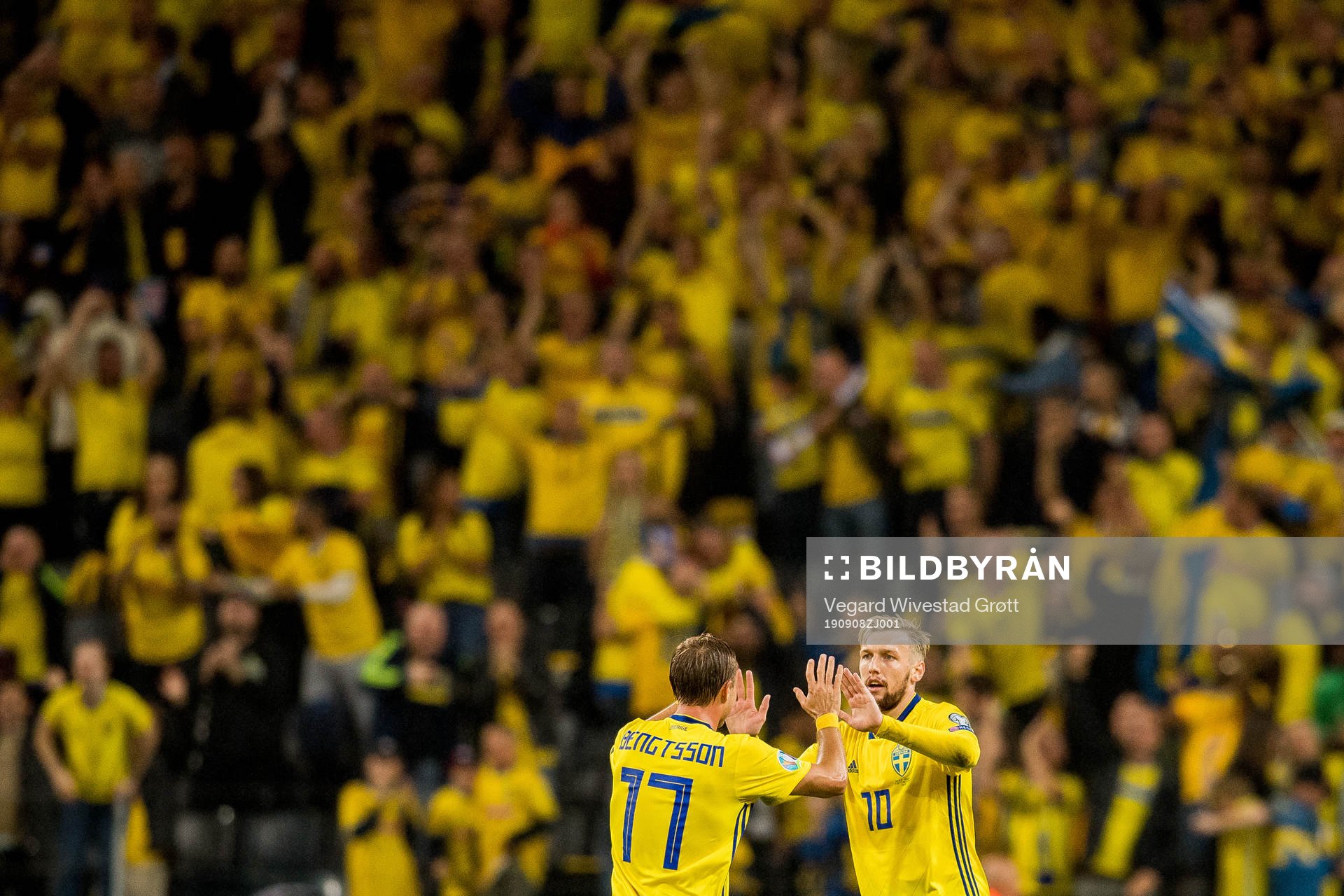Emil Forsberg of Sweden celebrates with teammate Pierre
