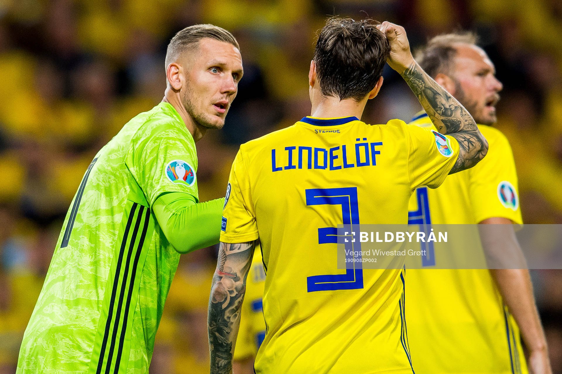 Goalkeeper Robin Olsen and Victor Nilsson Lindelöf of