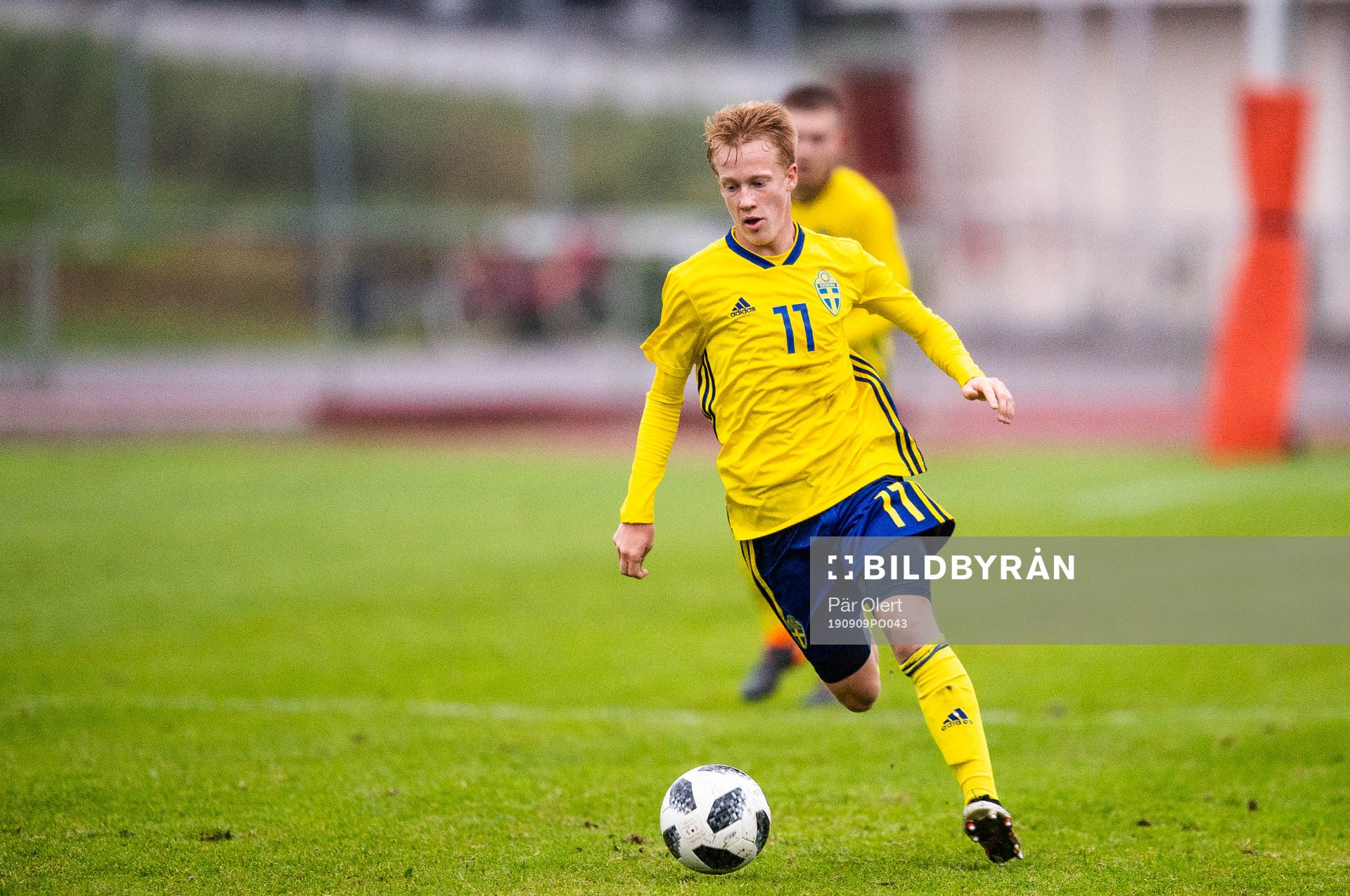 Sveriges David Edvardsson under fotbollsmatchen i P17 fyrnationers mellan Sverige och Österrike den 9 september 2019 i Sundsvall. 