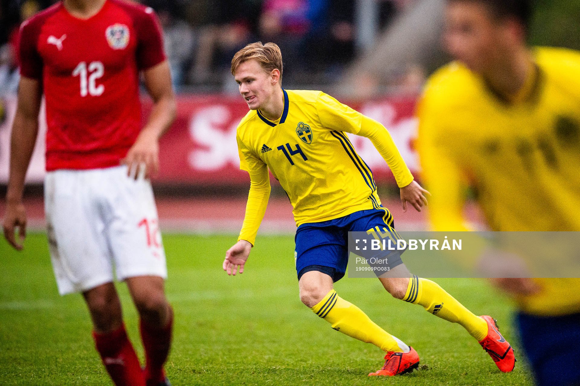 Sveriges Melker Roslin under fotbollsmatchen i P17 fyrnationers mellan Sverige och Österrike den 9 september 2019 i Sundsvall. 