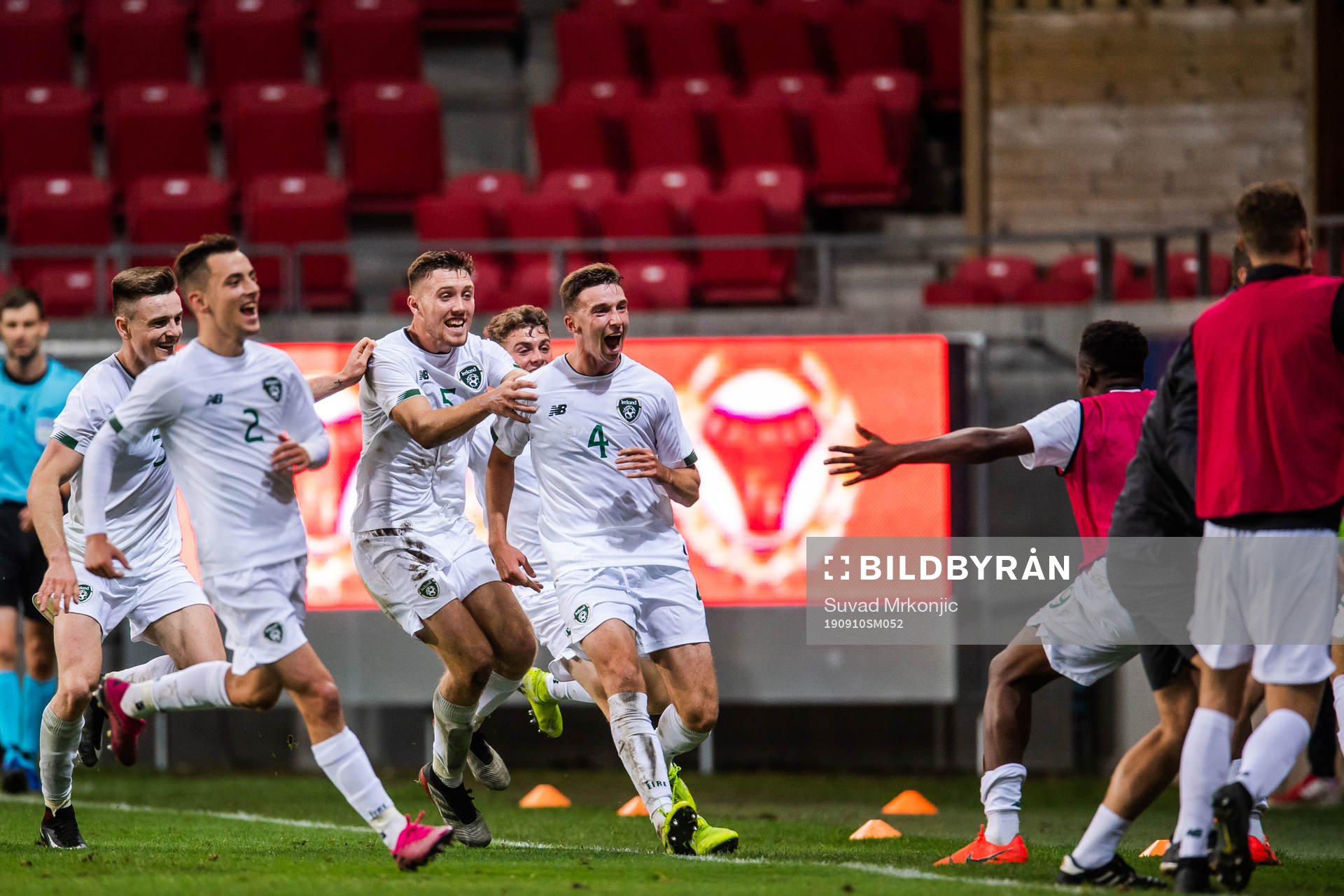Conor Masterson of Ireland celebrate with teammates after 1-2 during the UEFA European Under-21 Qualifier match between Sweden and Ireland on September 10 2019 in Kalmar.