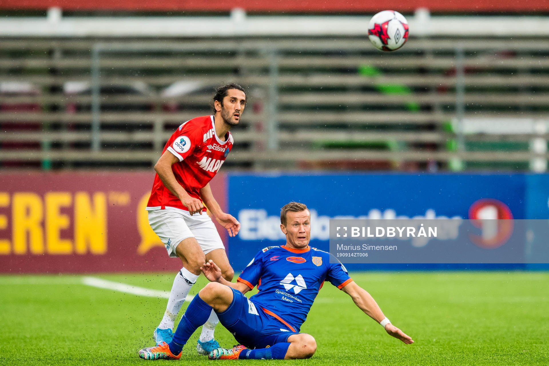 Adem Güven of Kongsvinger and Ståle Steen Sæthre of Aalesund during the OBOS-ligaen match between Kongsvinger and Aalesund on September 14, 2019 in Kongsvinger.