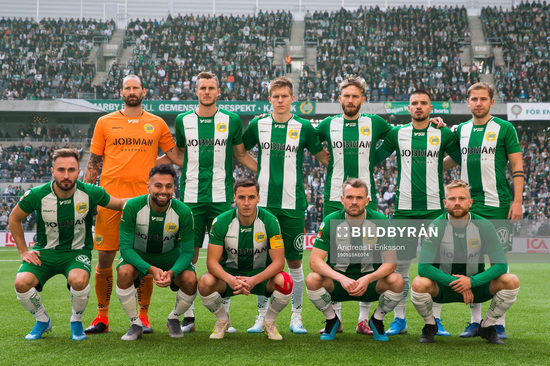 Hammarbys startelva inför fotbollsmatchen i Allsvenskan mellan Hammarby och IFk Göteborg den 15 september 2019 i Stockholm. Övre raden från vänster: Johan Wiland, Richard Magyar, Aron Johannsson, Simon Sandberg, Vladimir Rodic och Darijan Bojanic. Nedre raden från vänster: Muamer Tankovic, Imad Khalili, Jeppe Andersen, Mads Fenger Nielsen och Dennis Widgren.