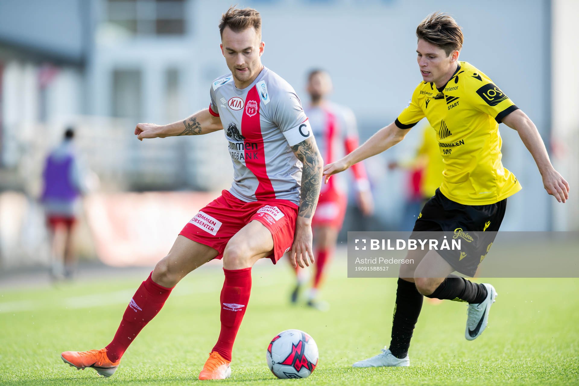 Victor Grodås of Strømmen and Kasper Skaanes of Start during the OBOS-ligaen football match between Strømmen and Start on September 15, 2019 in Strømmen.