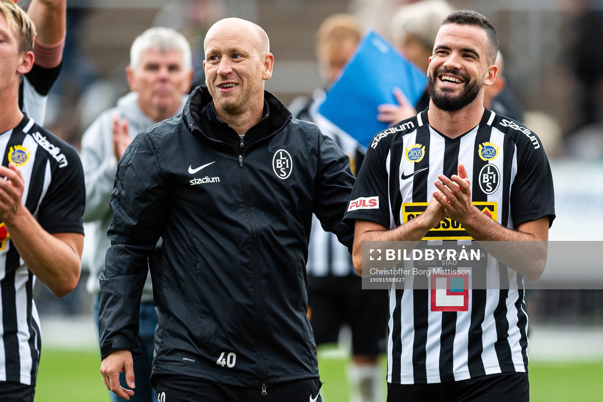 Landskronas tränare Billy Magnusson och Granit Stagova jublar efter fotbollsmatchen i Division 1 södra mellan Landskrona och Oddevold den 15 september 2019 i Landskrona.