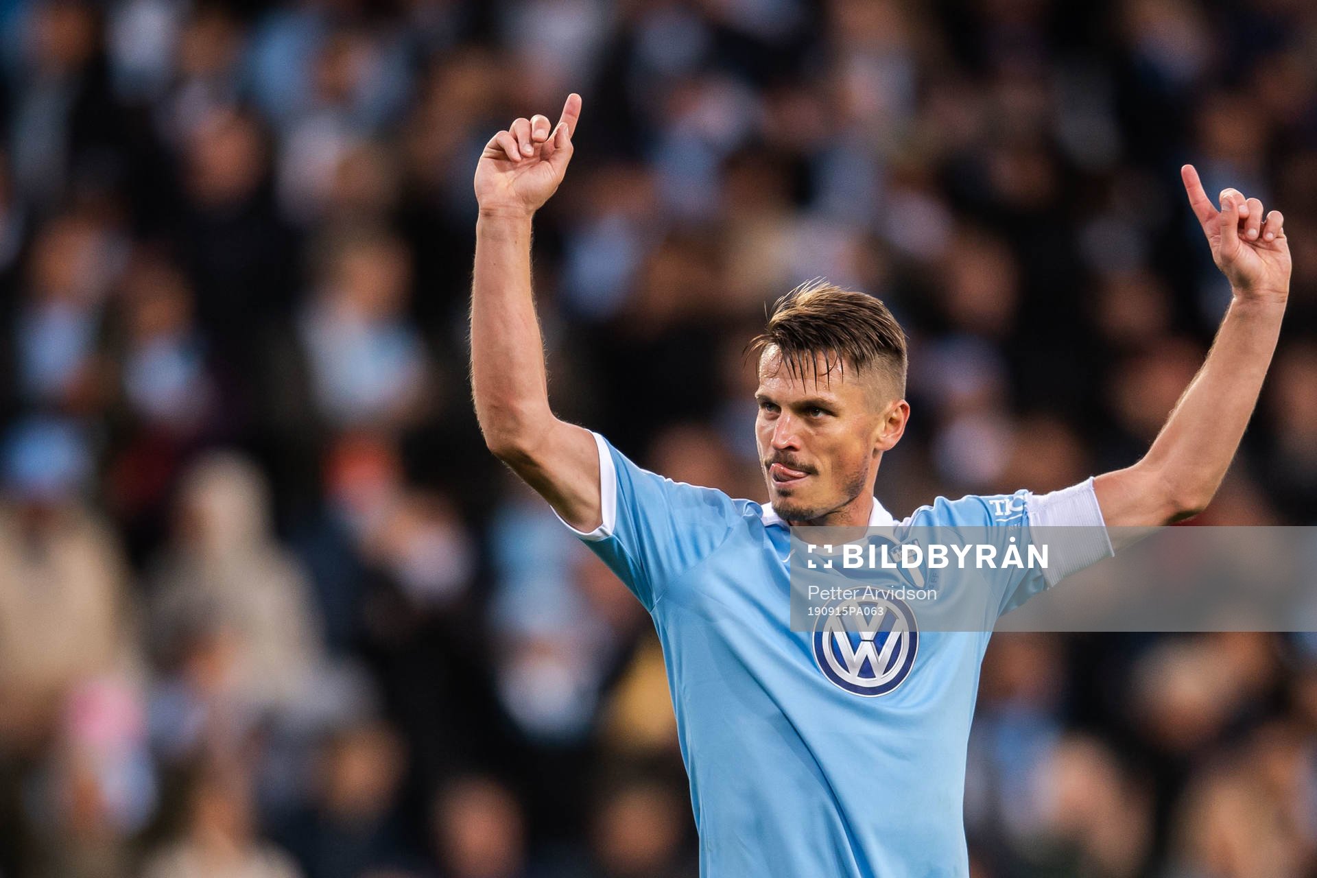 Malmö FFs Markus Rosenberg jublar efter fotbollsmatchen i Allsvenskan mellan Malmö FF och Norrköping den 15 september 2019 i Malmö.