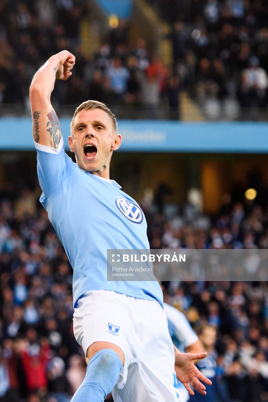 Malmö FFs Sören Rieks jublar efter sitt 1-0 mål under fotbollsmatchen i allsvenskan mellan Malmö FF och Norrköping den 15 september 2019 i Malmö.