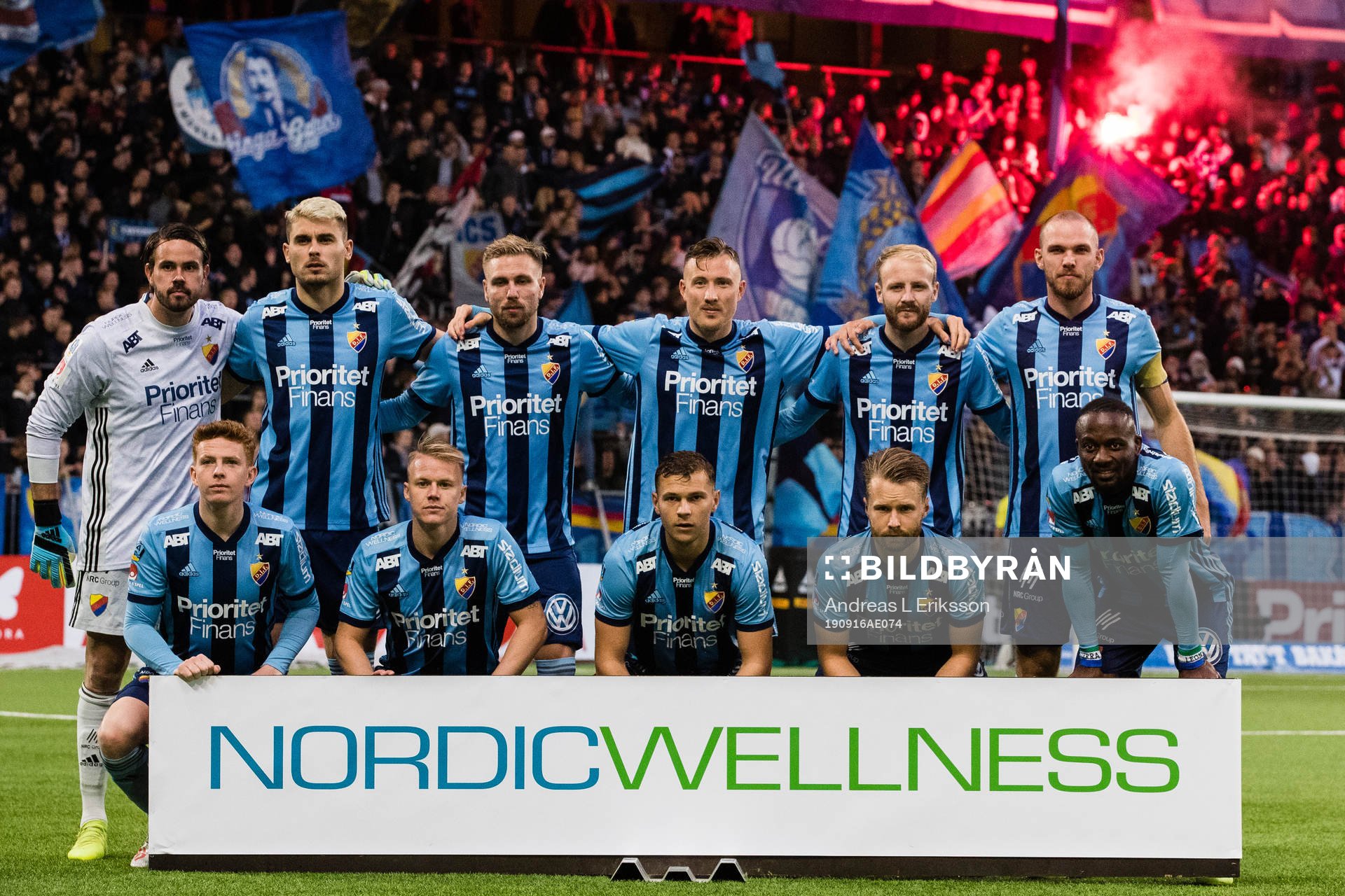 Djurgårdens startelva inför fotbollsmatchen i Allsvenskan mellan Djurgården och Helsingborg den 16 september 2019 i Stockholm. Övre raden från vänster: Tommi Vaiho, Astrit Ajdarevic, Jonathan Ring, Fredrik Ulvestad, Curtis Edwards och Marcus Danielson. Nedre raden från vänster: Aslak Witry, Elliot Käck, Jesper Karlström, Jacob Une Larsson och Mohamed Buya Turay.