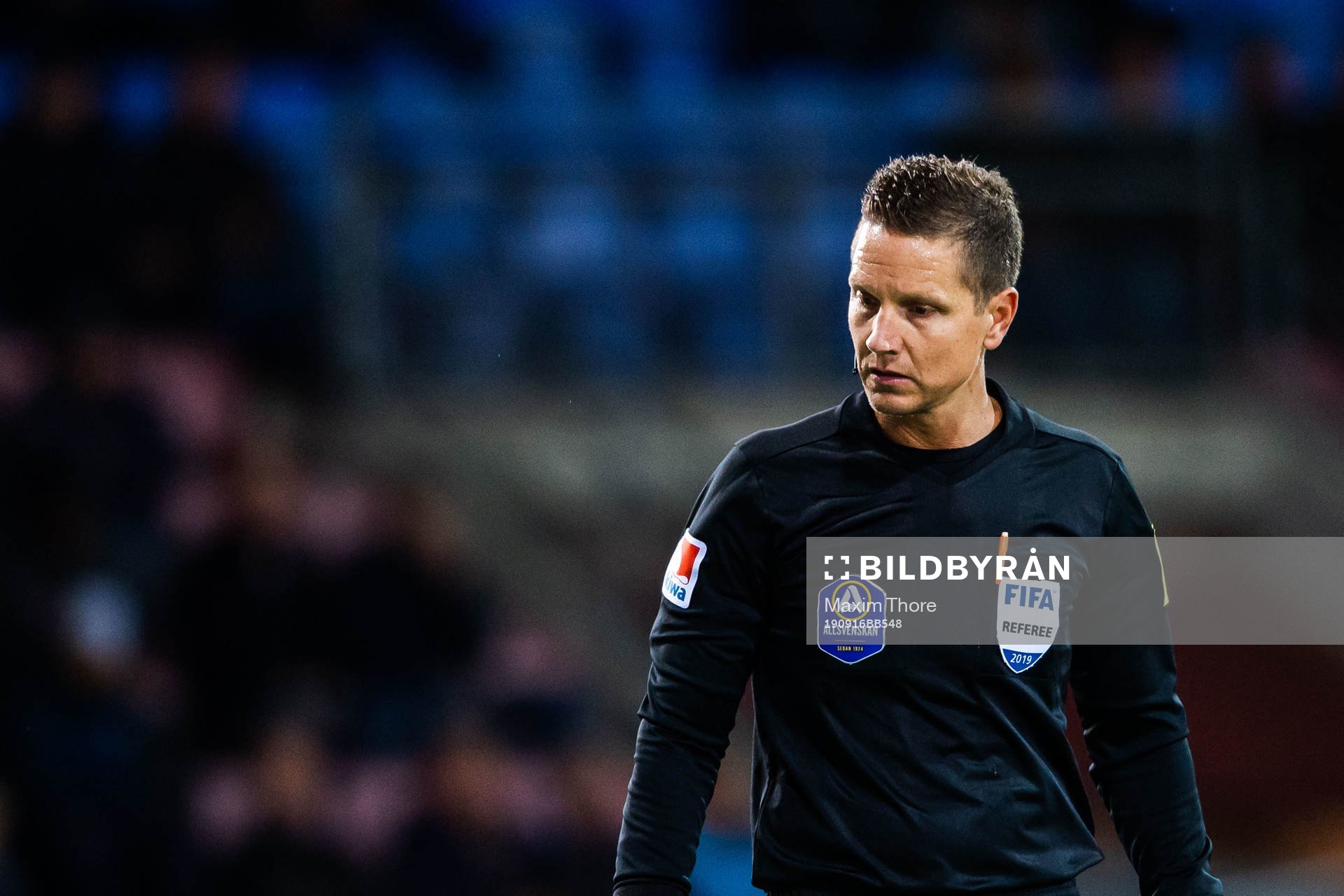 Domare Martin Strömbergsson under fotbollsmatchen i Allsvenskan mellan AFC Eskilstuna och Elfsborg den 16 september 2019 i Eskilstuna.