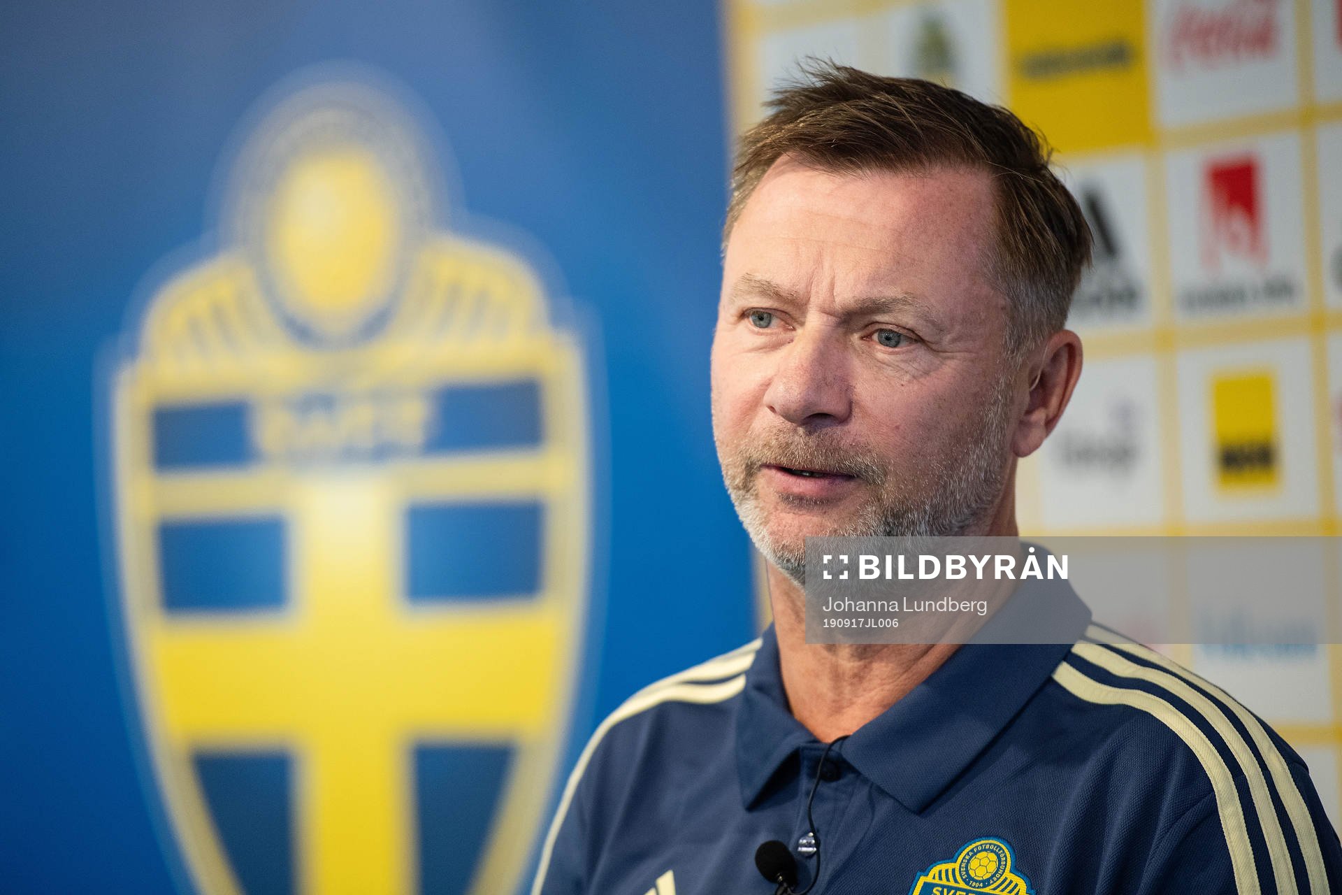 Peter Gerhardsson, förbundskapten för damlandslaget presenterar EM-kval truppen under en presskonferens anordnad av Svenska Fotbollförbundet den 17 september 2019 i Stockholm.