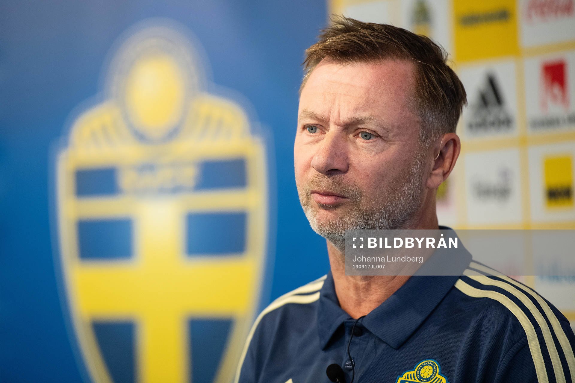 Peter Gerhardsson, förbundskapten för damlandslaget presenterar EM-kval truppen under en presskonferens anordnad av Svenska Fotbollförbundet den 17 september 2019 i Stockholm.
