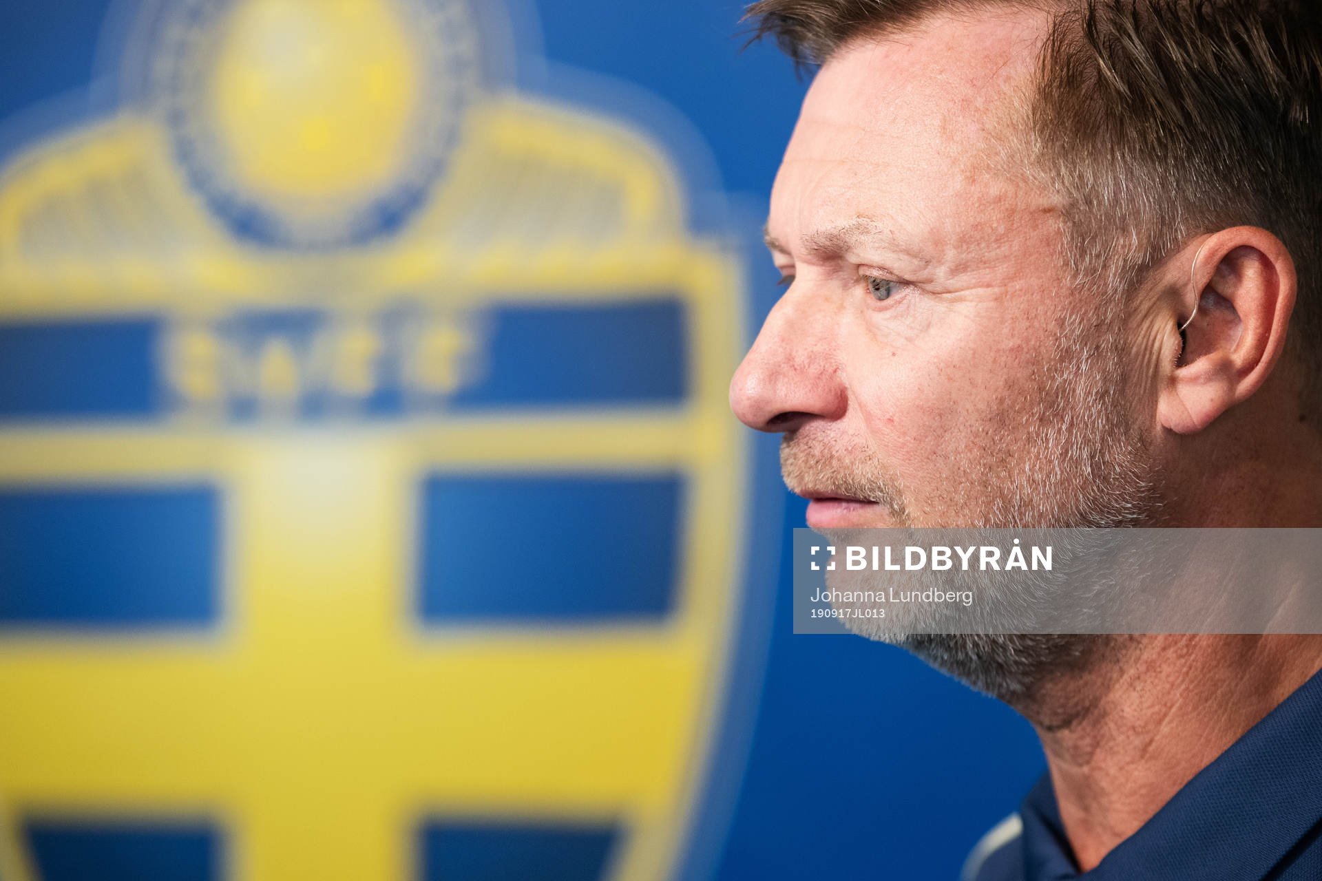Peter Gerhardsson, förbundskapten för damlandslaget presenterar EM-kval truppen under en presskonferens anordnad av Svenska Fotbollförbundet den 17 september 2019 i Stockholm.