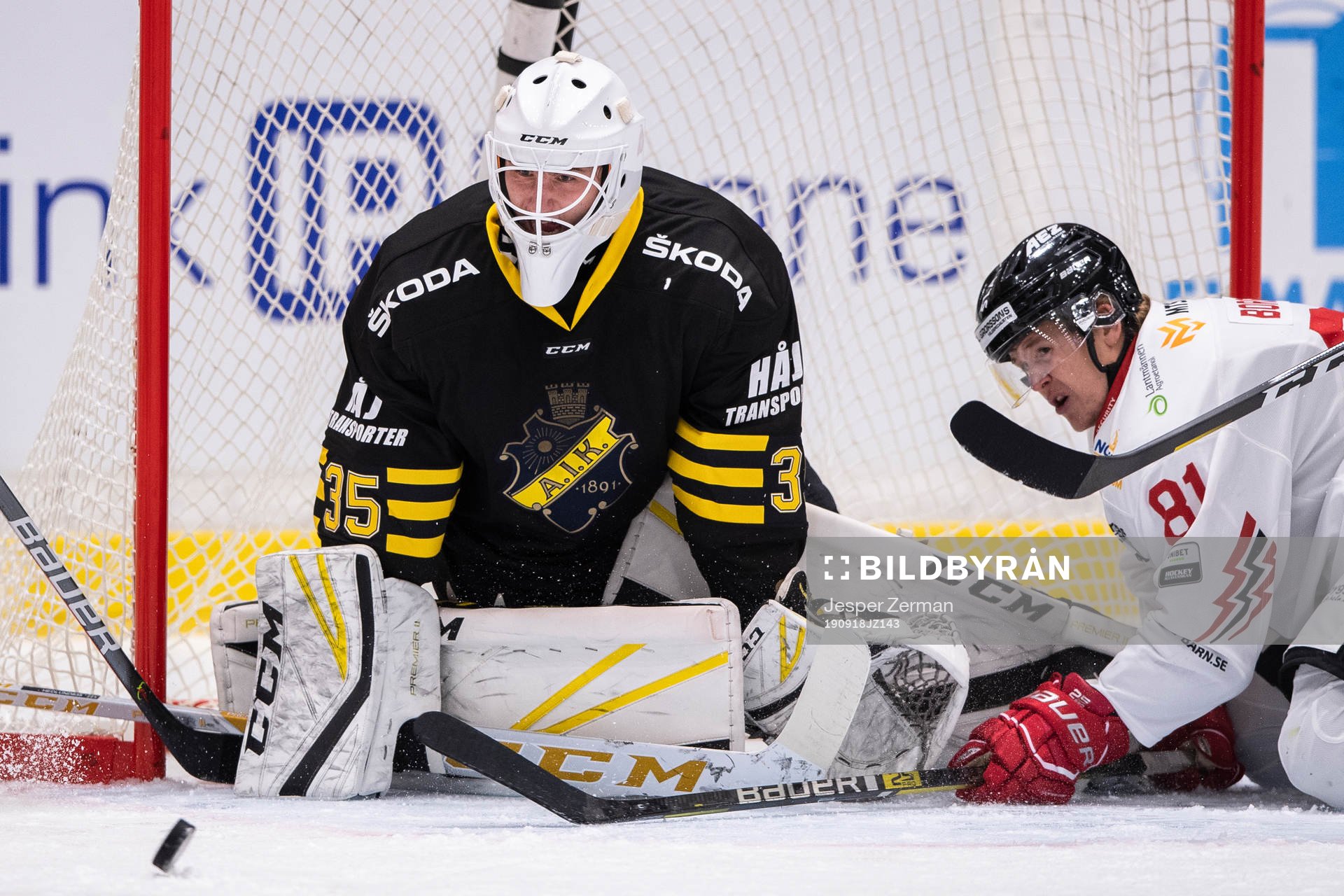 s målvakt August Hedlund och Vita Hästens Erik Borg
