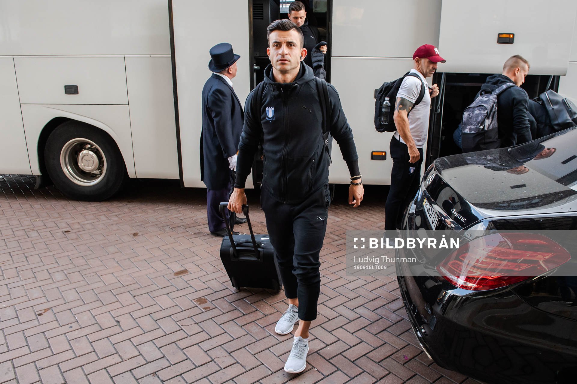 Behrang Safari of Malmö FF arrives at their hotel