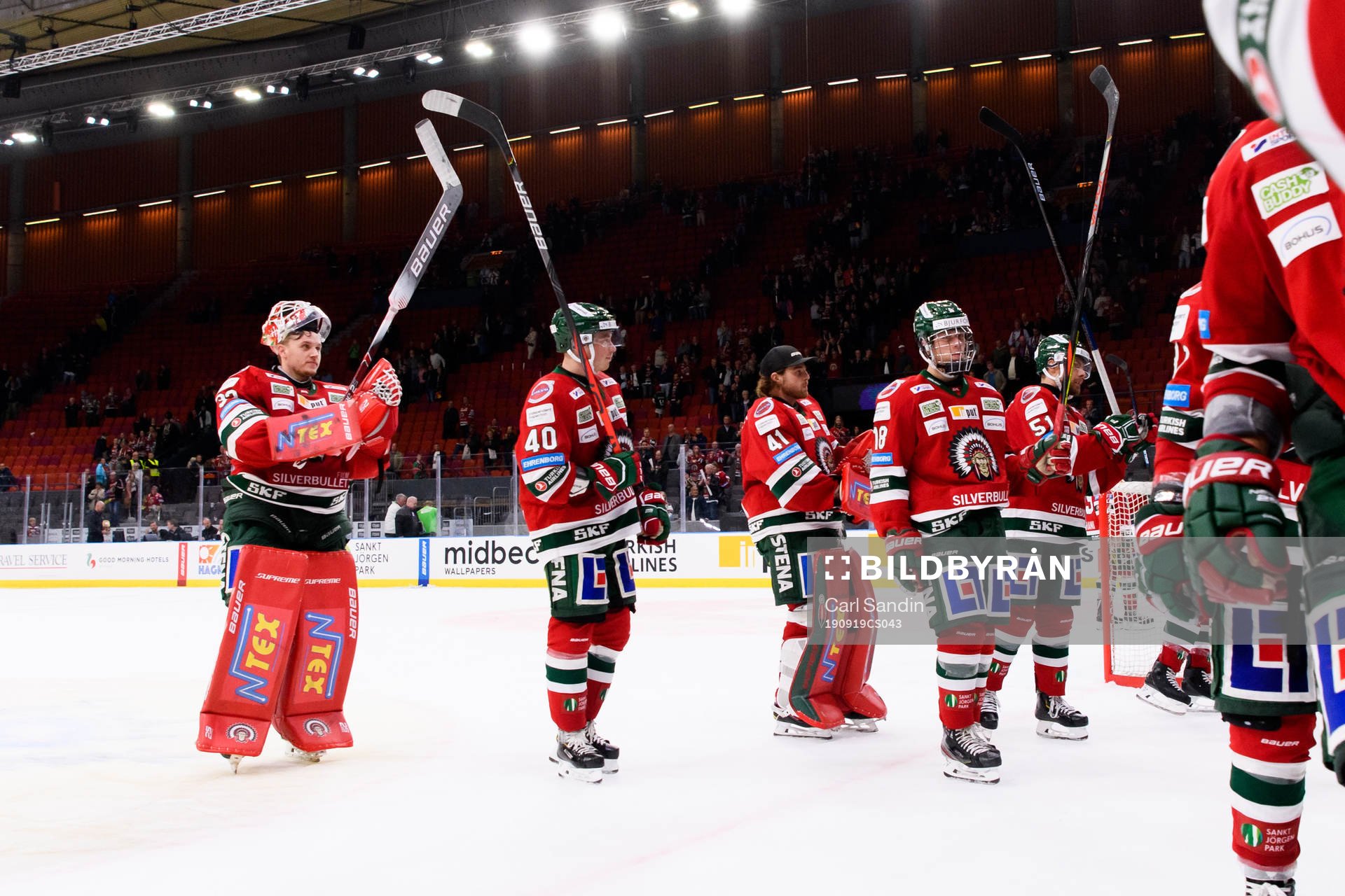 Frölundas målvakt Johan Mattsson, Joel Mustonen och Lucas