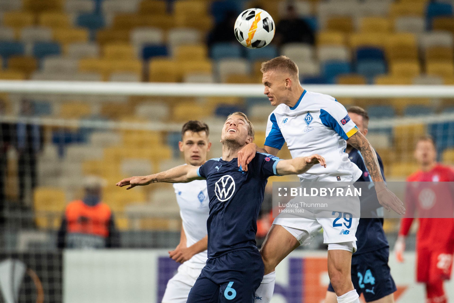 Oscar Lewicki of Malmö FF and Vitaliy Buialskyi of Dinamo Kiev during the Europa League match between Dynamo Kiev and Malmö FF September 19, 2019 in Kiev.