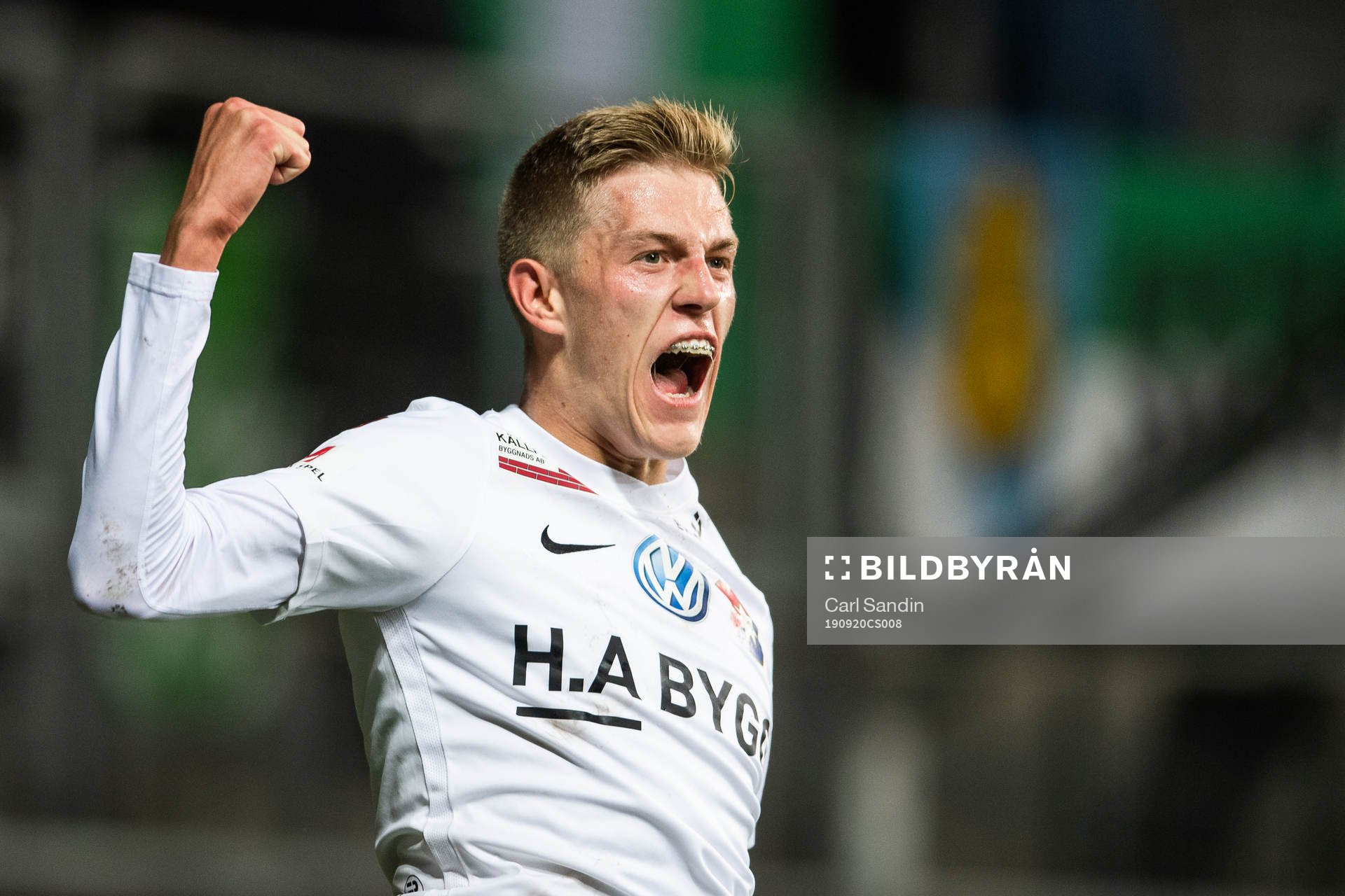 Örgrytes Alexander Bernhardsson jublar efter 2-0 under fotbollsmatchen i Superettan mellan Örgryte och Brage den 20 september 2019 i Göteborg.