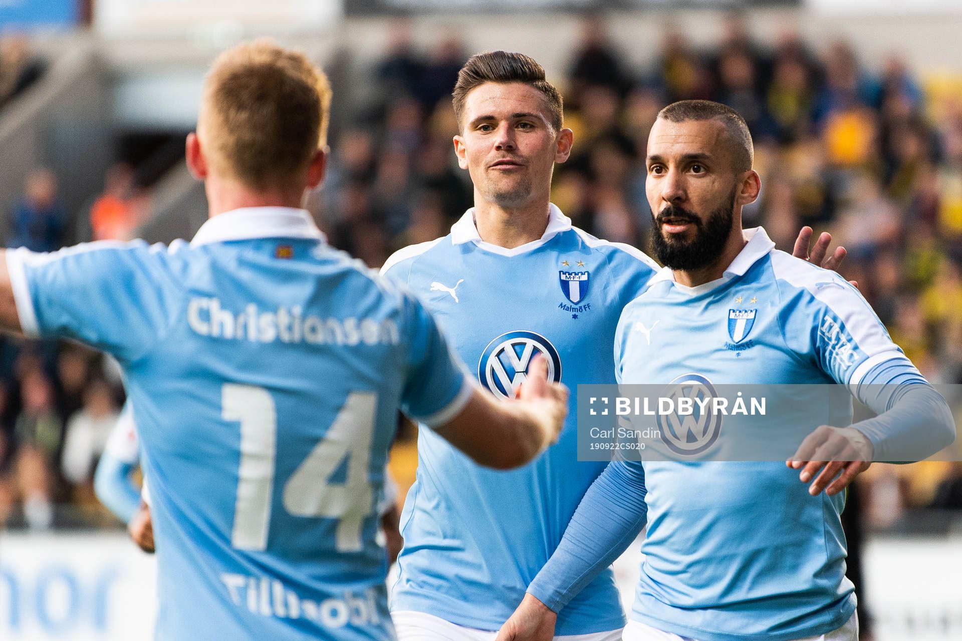 Malmö FFs Anders Christiansen, Marcus Antonsson och Guillermo Molins jublar efter 0-1 under fotbollsmatchen i Allsvenskan mellan Elfsborg och Malmö FF den 22 september 2019 i Borås.