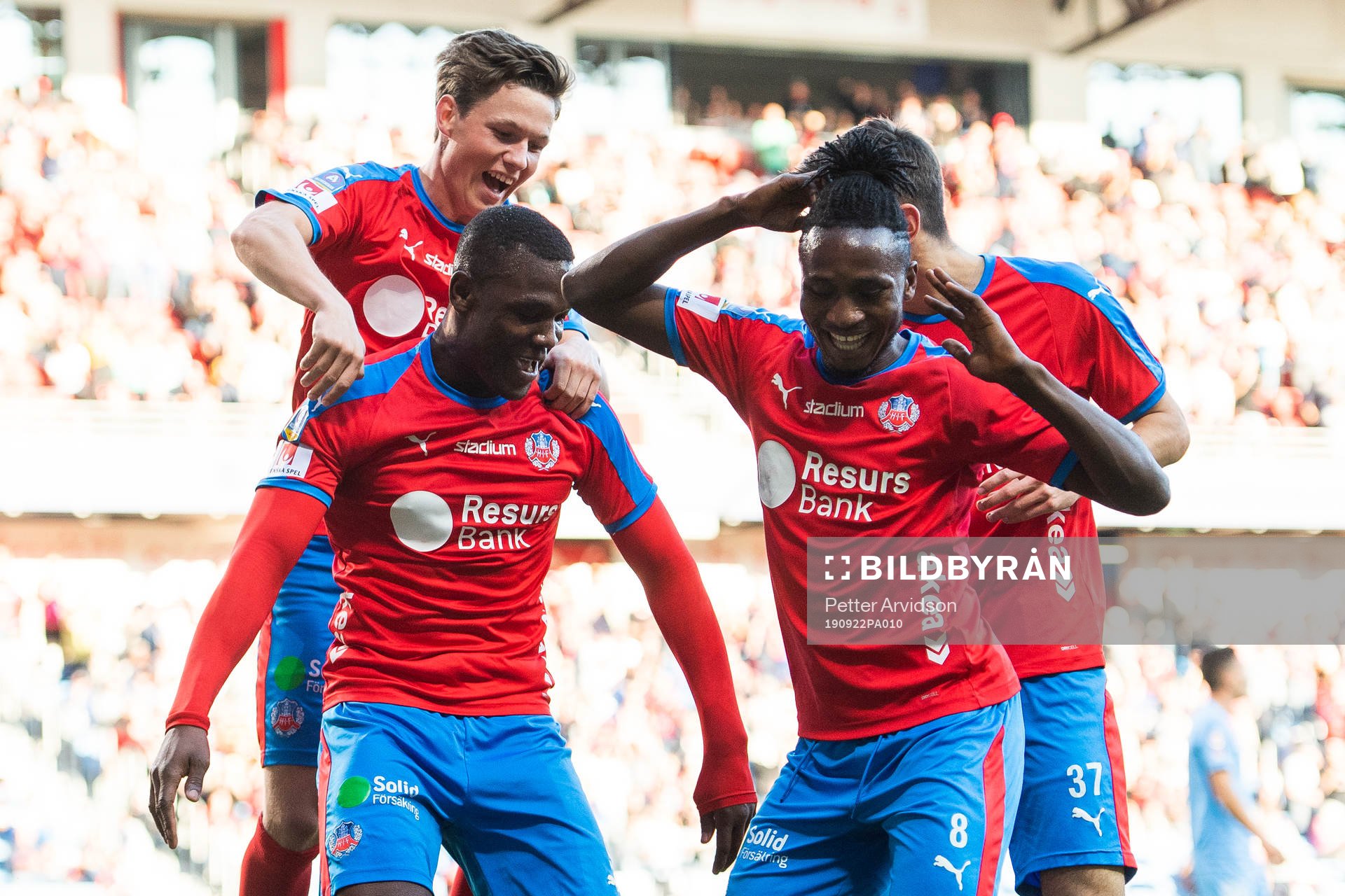 Helsingborgs Max Svensson, Mamudu Moro och Alhaji Gero jublar efter att Gero gjort 1-0 under fotbollsmatchen i Allsvenskan mellan Helsingborg och AFC Eskilstuna den 22 september 2019 i Helsingborg.