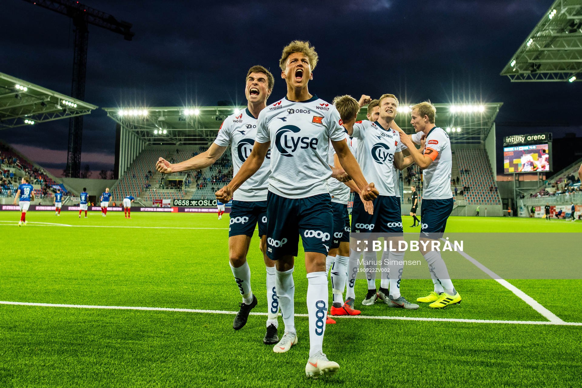 Adrian Nilsen Pereira of Viking celebrates with Sondre Flem Bjørshol of Viking after scoring the 0-3 goal during the Eliteserien match between Vålerenga and Viking on September 22, 2019 in Oslo.