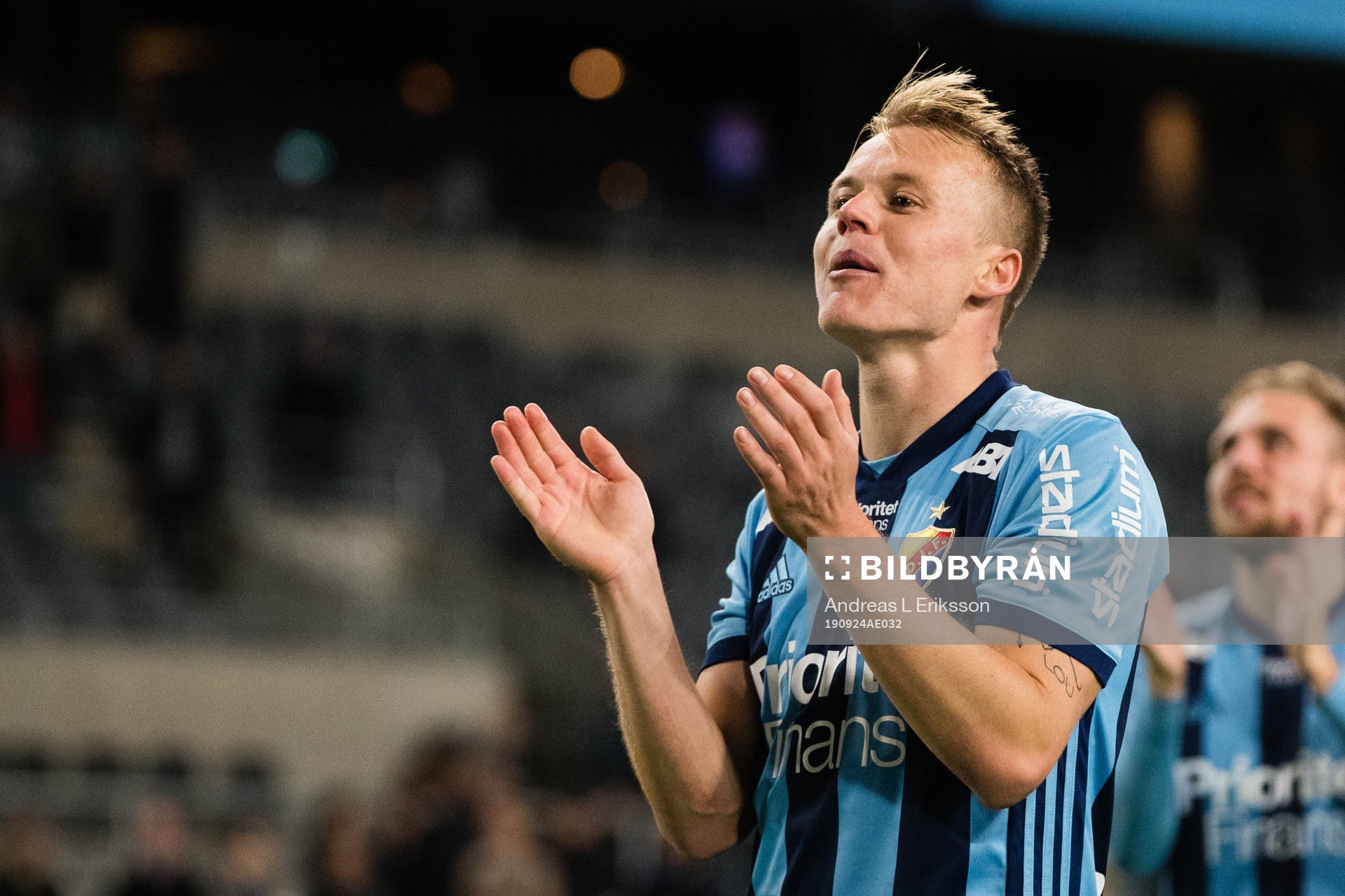 Djurgårdens Elliot Käck  jublar efter fotbollsmatchen i Allsvenskan mellan Djurgården och Falkenberg den 24 september 2019 i Stockholm. 