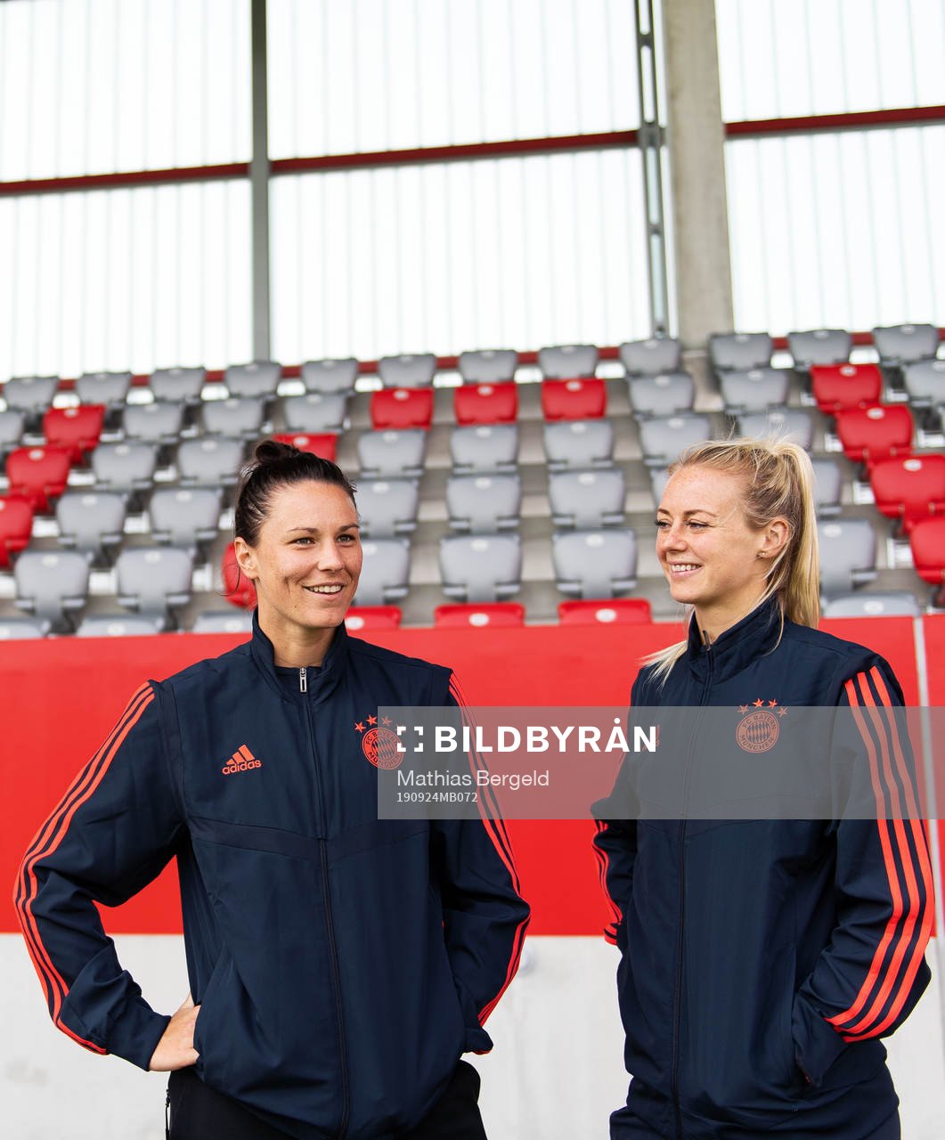 Emily Gielnik and Amanda Ilestedt of Bayern Munich pose for a portrait ahead of the second round of 32 Champions League game between Bayern Munich and Kopparbergs/Göteborg on September 24, 2019 in Munich.