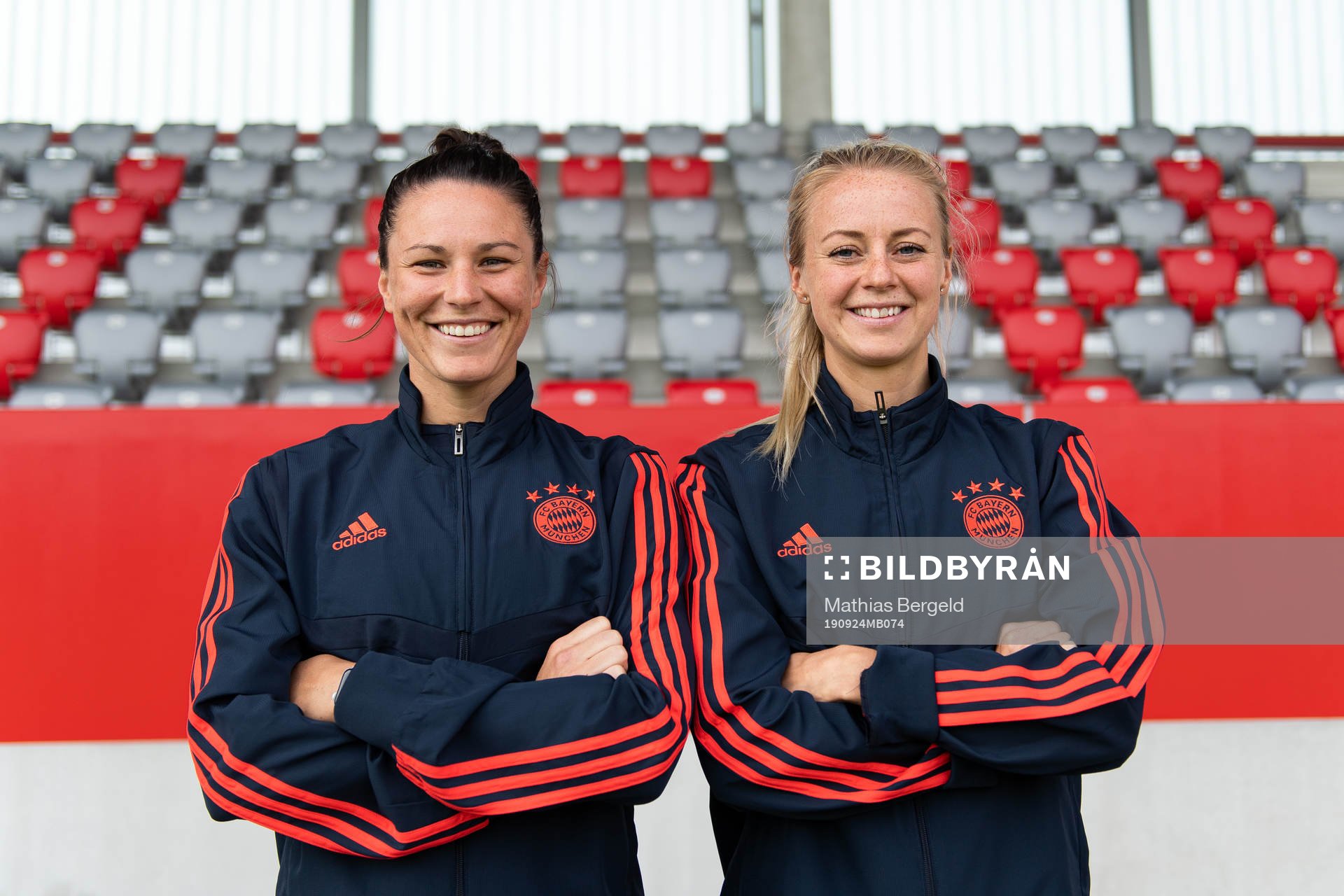Emily Gielnik and Amanda Ilestedt of Bayern Munich pose for a portrait ahead of the second round of 32 Champions League game between Bayern Munich and Kopparbergs/Göteborg on September 24, 2019 in Munich.