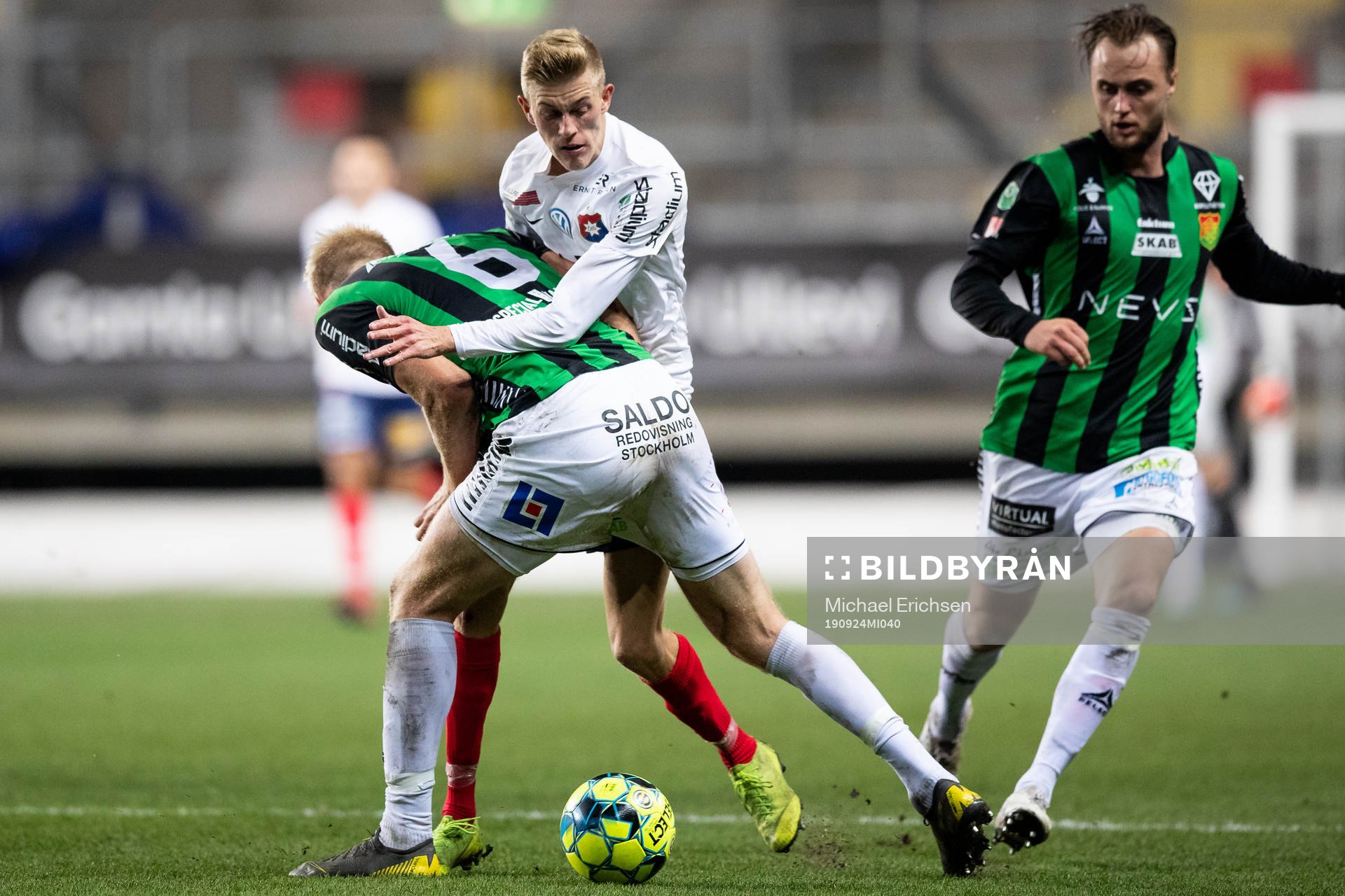 GAIS Carl Elfgren Nyström tacklar Örgrytes Alexander Bernhardsson under fotbollsmatchen i Superettan mellan GAIS och Örgryte den 24 september 2019 i Göteborg.