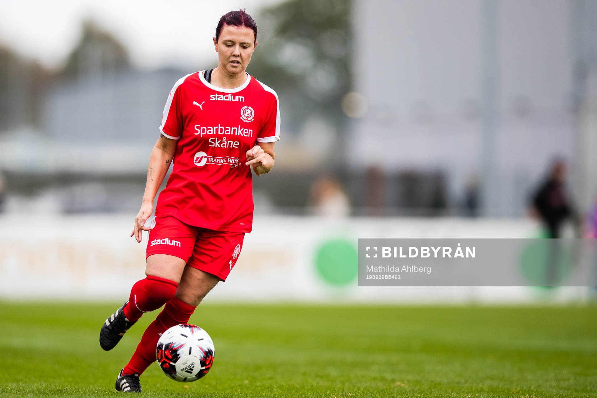 Dösjöbros Agnes Nilsson under fotbollsmatchen i Division 1 Södra mellan Eskilsminne och Dösjöbro den 29 september 2019 i Helsingborg .