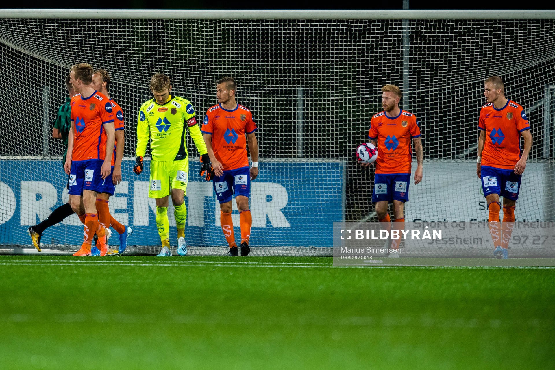 Goalkeeper Andreas Lie, Ståle Steen Sæthre, Fredrik Kjernmoen Carlsen and David Kristjan Olafsson of Aalesund looks dejected after the 2-2 goal during the OBOS-ligaen match between Ull/Kisa and Aalesund on September 29, 2019 in Jessheim.