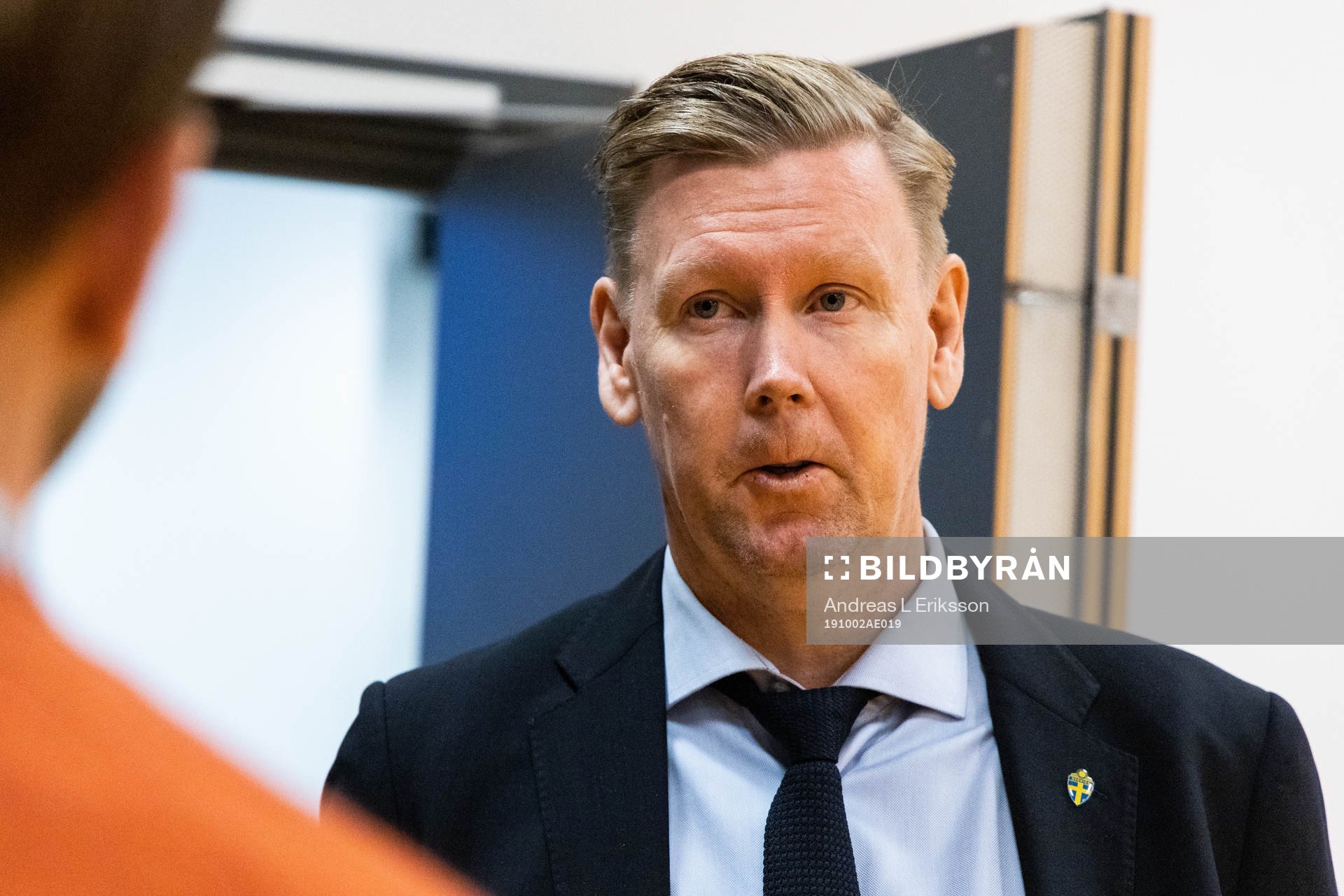Peter Wettergren, assistant coach of Sweden, talks to media