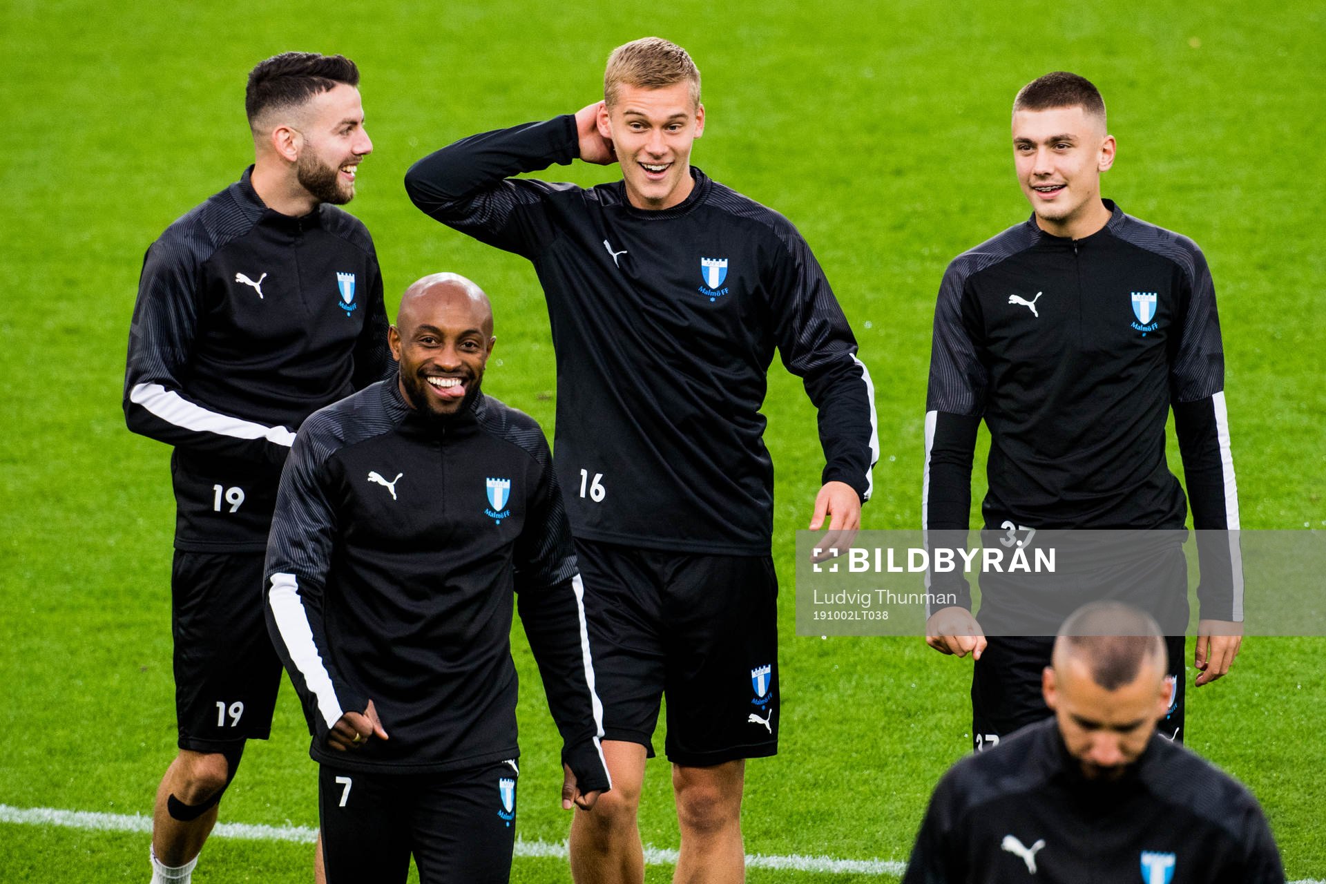 Erdal Rakip, Felix Beijmo, Tim Prica and Fouad Bachirou of Malmö FF during a practice ahead of the Europa League match between Malmö FF and FC Köpenhamn on October 2, 2019 in Malmö.