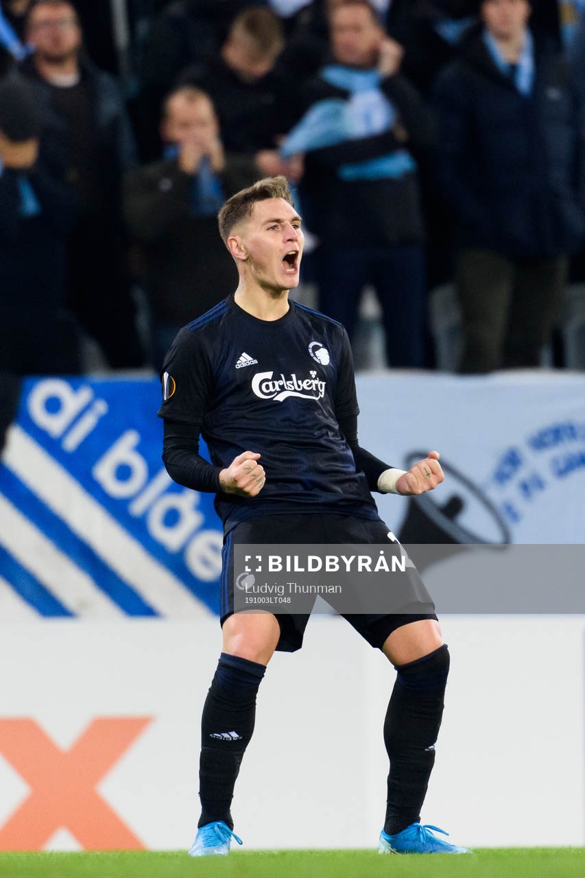 Guillermo Varela of FC Köpenhamn celebrates after scoring 0-1 during the Europa league match between Malmö FF and FC Köpenhamn on October 3, 2019 in Malmö.