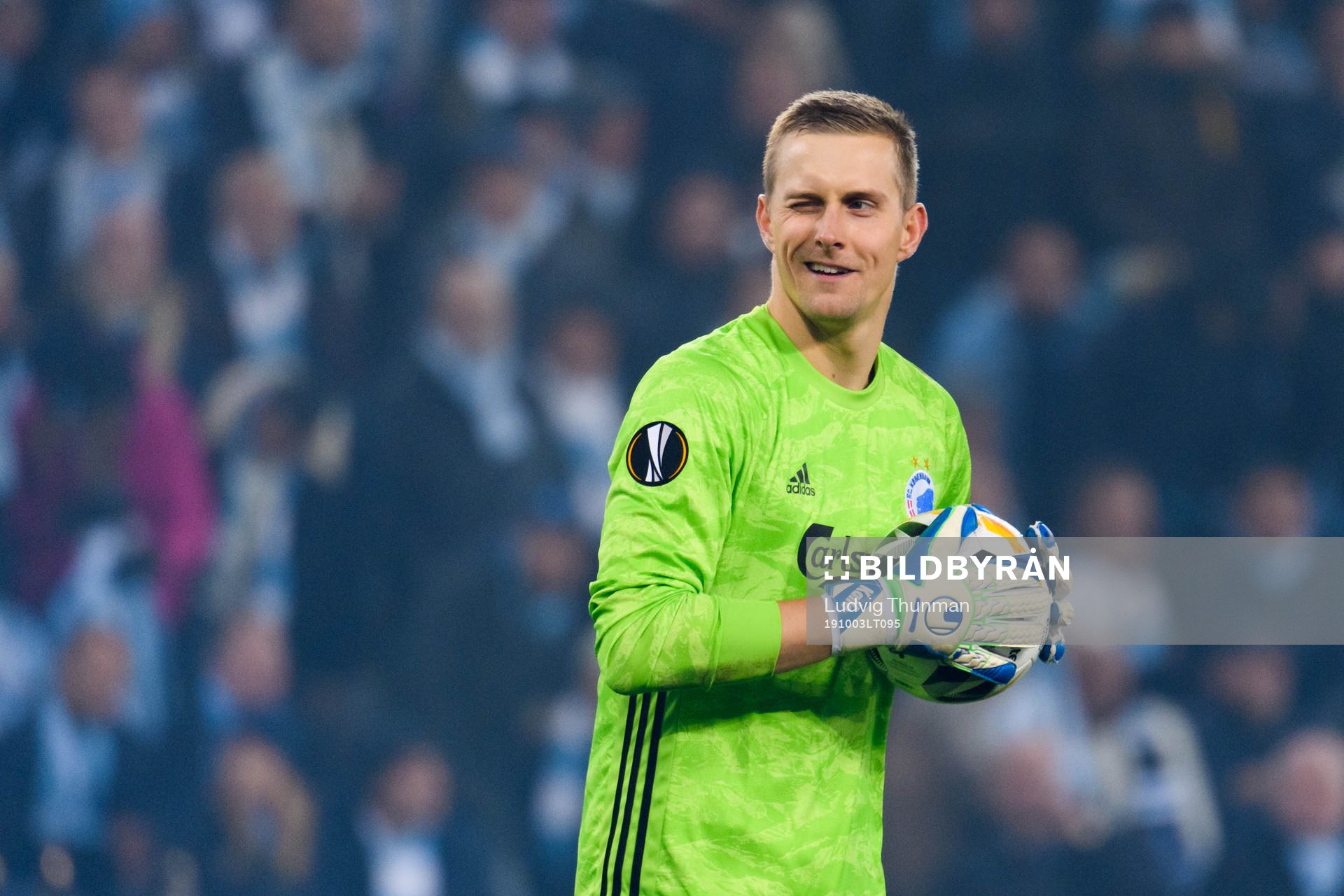 Goalkeeper Karl-Johan Johnsson of FC Köpenhamn blink his eye during the Europa league match between Malmö FF and FC Köpenhamn on October 3, 2019 in Malmö.