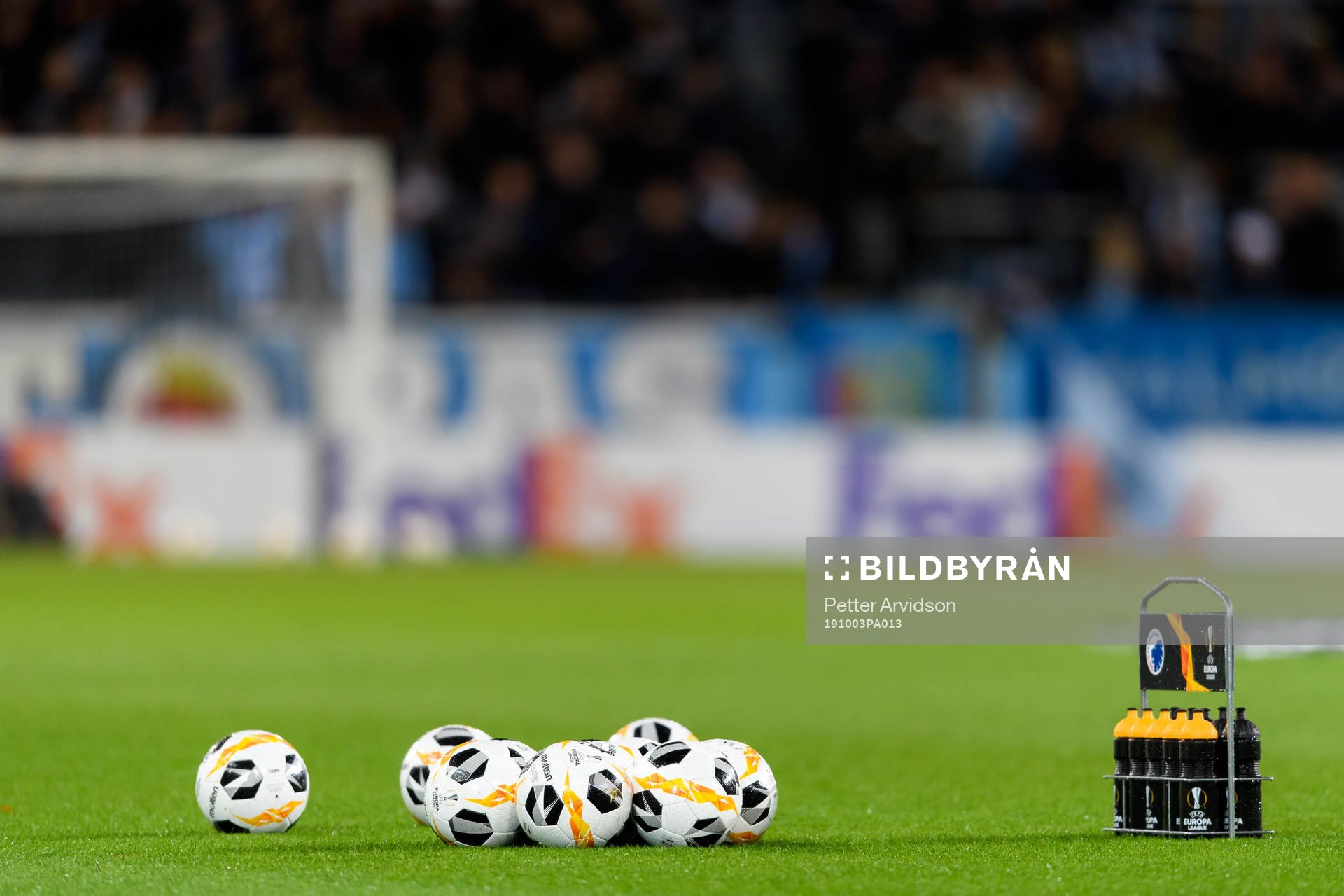 Balls and water bottles on the pitch ahead of the Europa league match between Malmö FF and FC Köpenhamn on October 3, 2019 in Malmö.