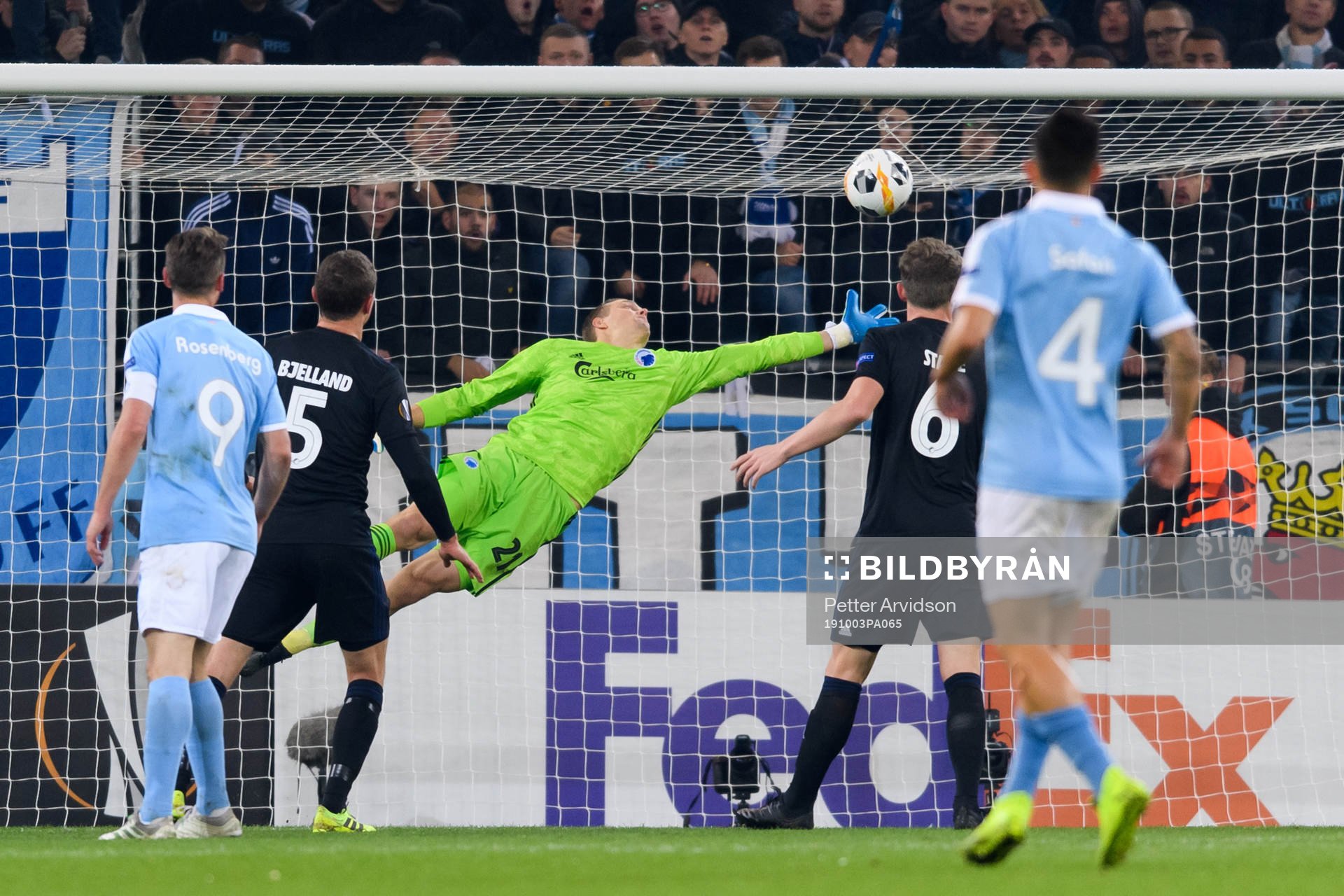 Goalkeeper Karl-Johan Johnsson of FC Köpenhamn saves the