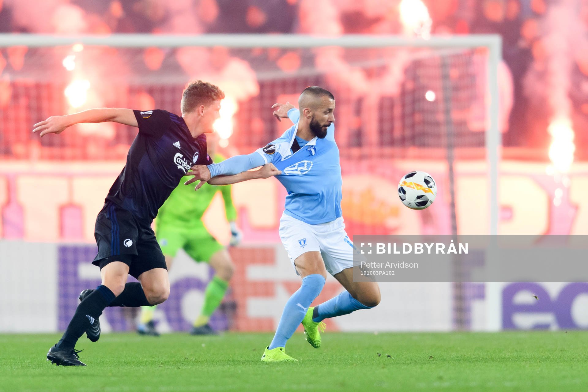 Jens Stage of FC Köpenhamn and Guillermo Molins of Malmö FF during the Europa league match between Malmö FF and FC Köpenhamn on October 3, 2019 in Malmö.