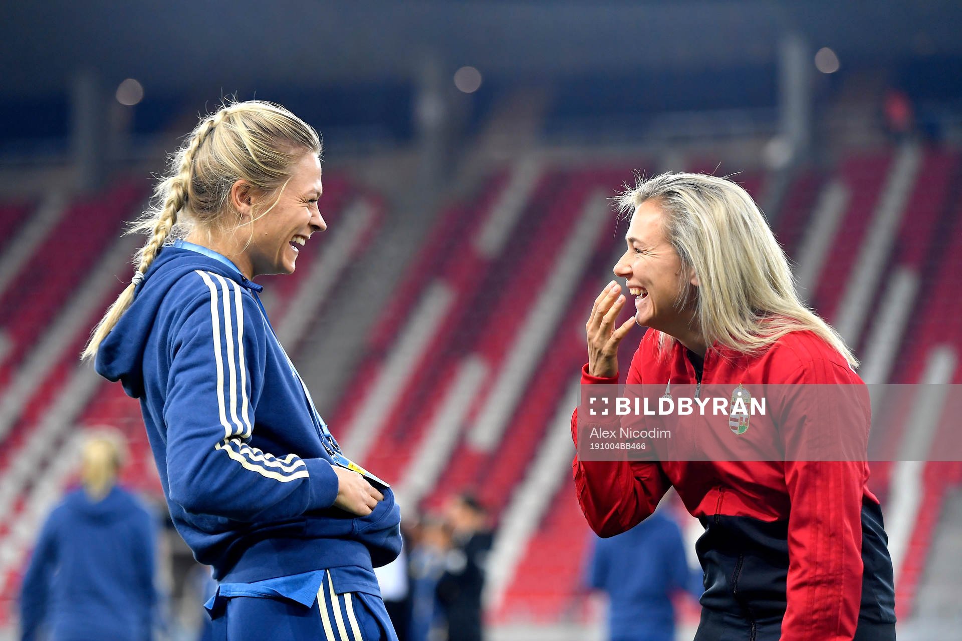 Fridolina Rolfo of Sweden jokes with a Hungarian player