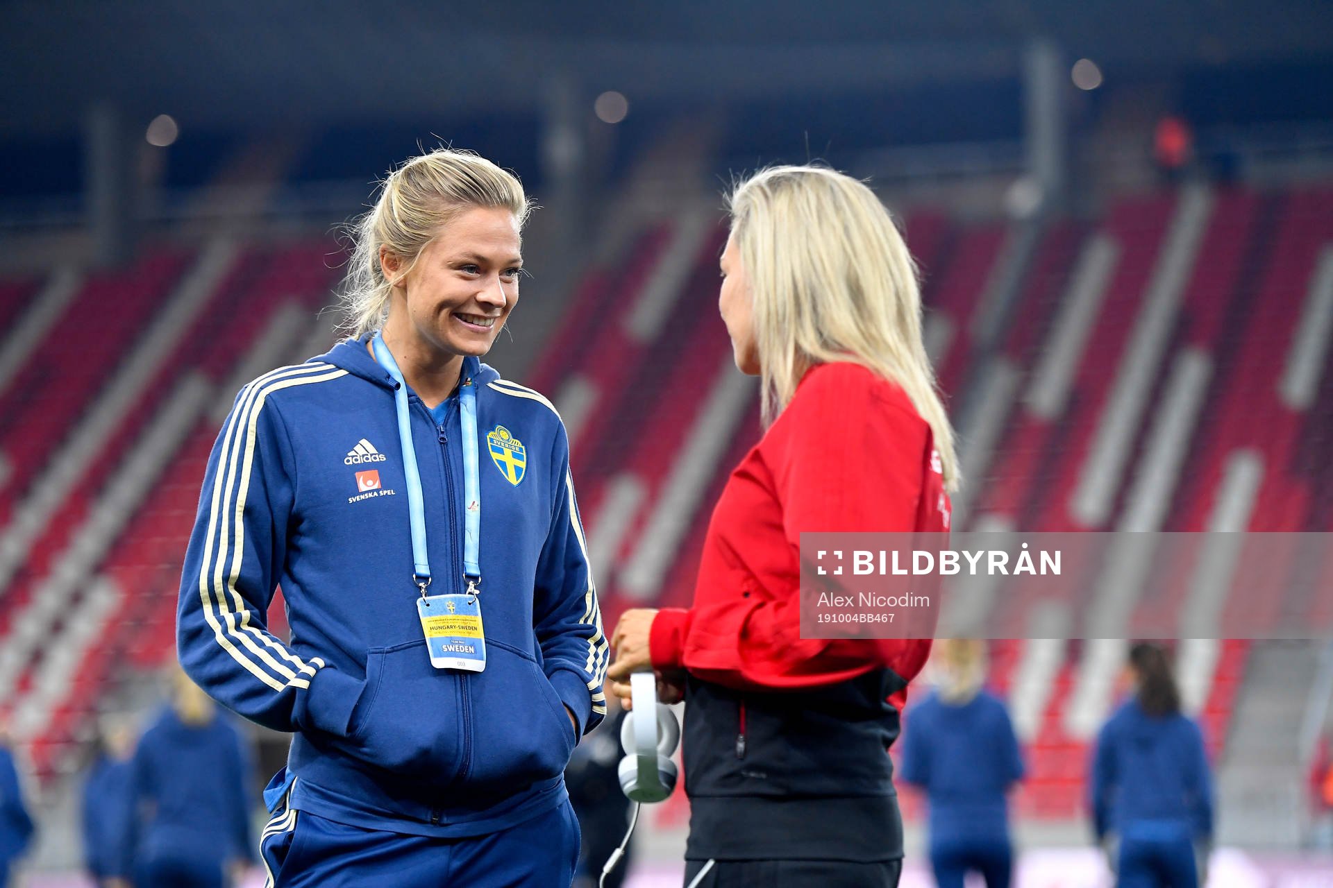 Fridolina Rolfo of Sweden jokes with a Hungarian player