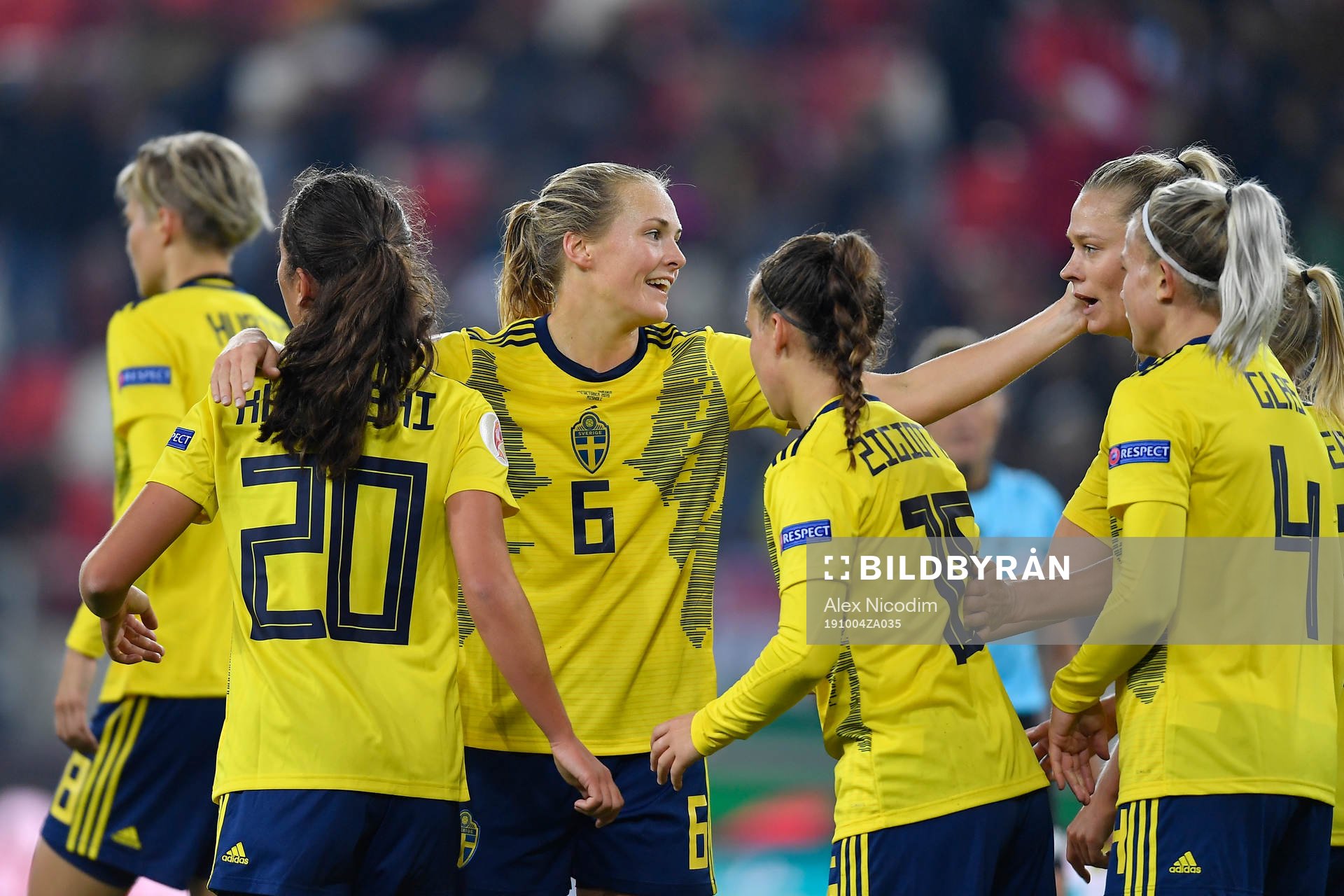 Magdalena Ericsson and Fridolina Rolfo of Sweden celebrate during the UEFA Women's Euro Qualifier Group F football match between Hungary and Sweden on October 4, 2019 in Miskolc, Hungary.