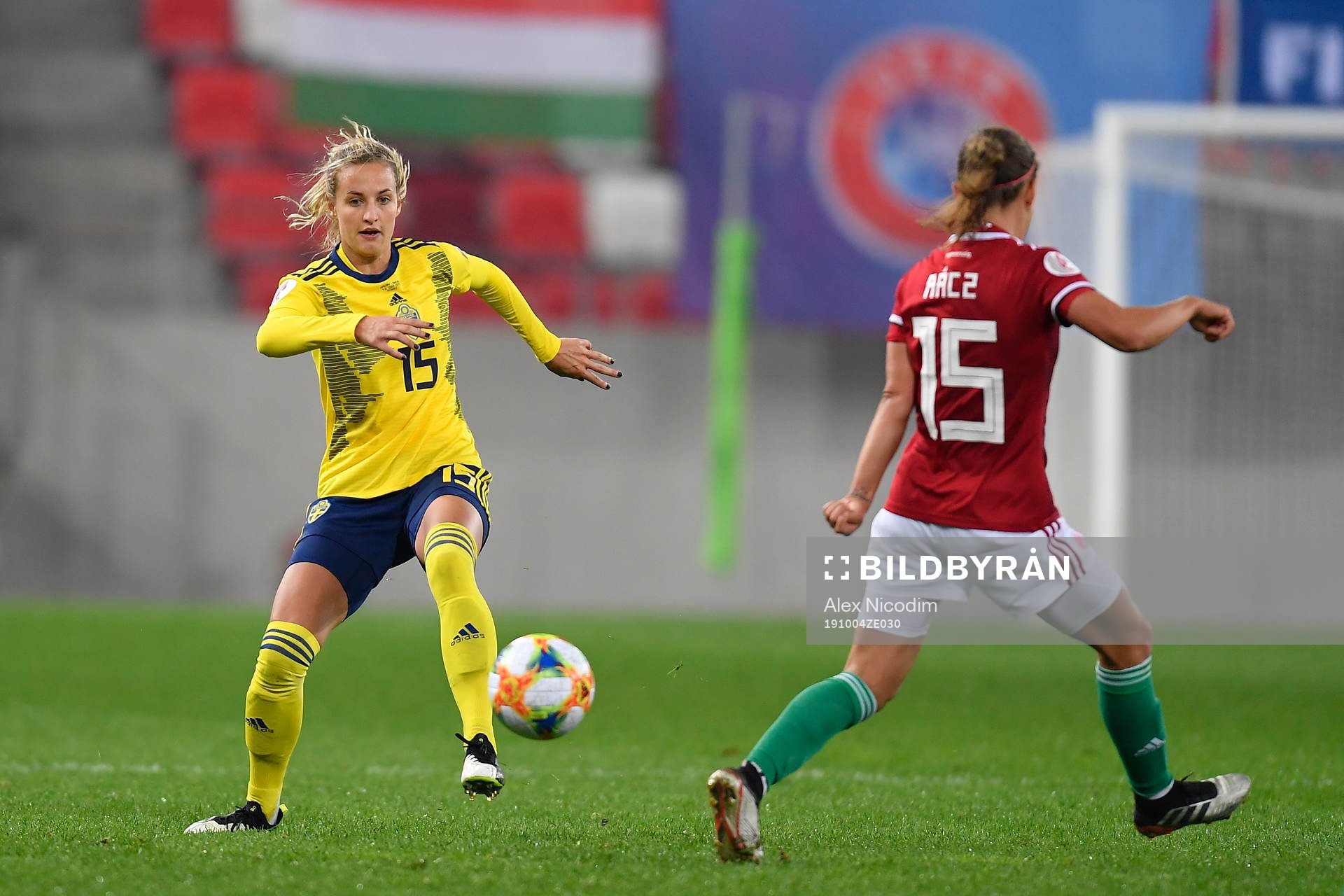 Nathalie Bjorn of Sweden vies against Zsofia Racz of Hungary
