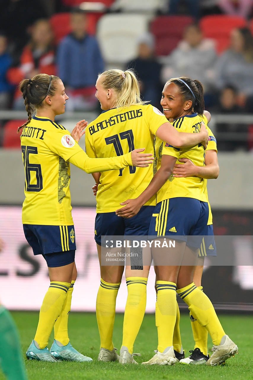 Mia Carlsson and Stina Blackstenius celebrate with Madelen