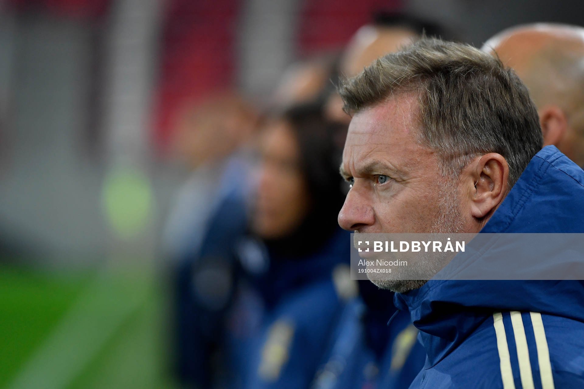 Peter Gerhardsson, head coach of Sweden is listening to the